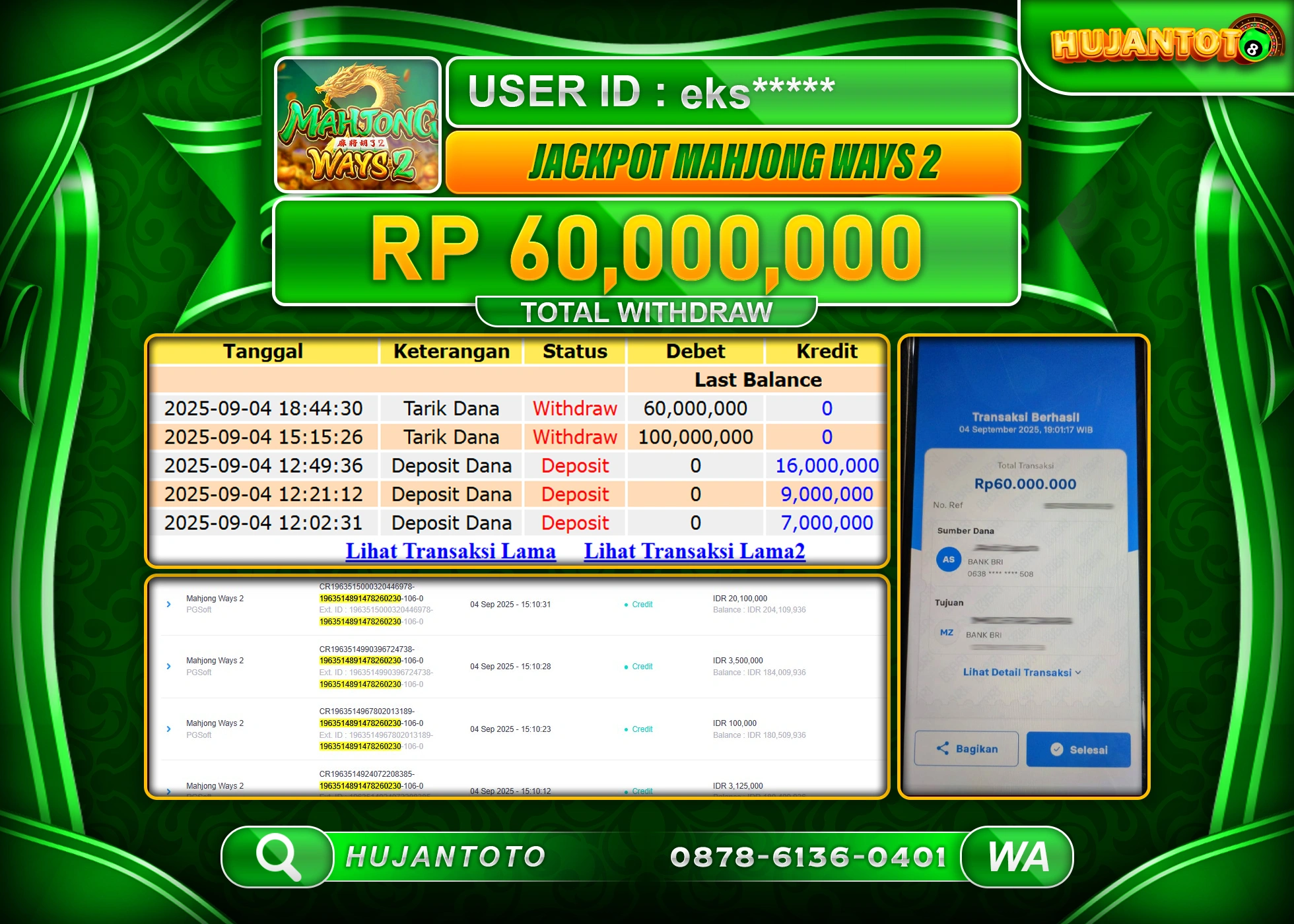 HUJANTOTO - BUKTI JACKPOT MENANG SLOT MAHJONG WAYS 2 PG SOFT Rp.60,000,000 - TERBAYAR LUNAS