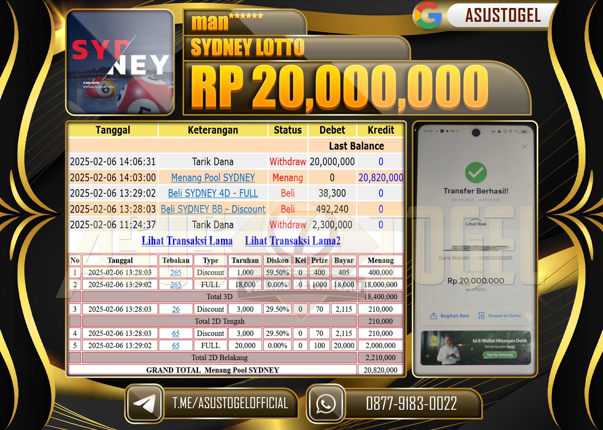 ASUSTOGEL KEMENANGAN DI TOGEL SYDNEY LOTTO SEBESAR 20,000,000 - RUPIAH LUNAS