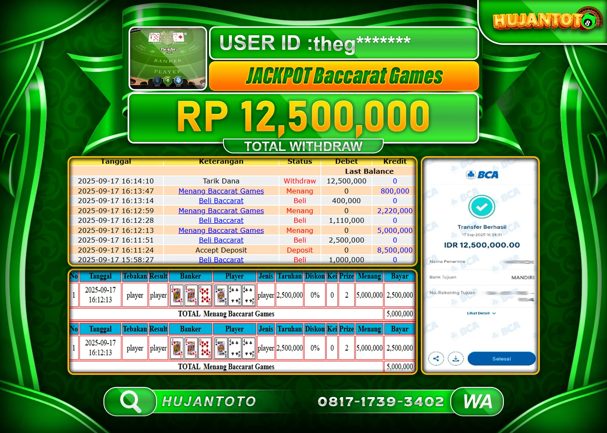 HUJANTOTO - BUKTI JACKPOT MENANG LIVE GAMES BACCARAT GAMES Rp.12,500,000 - TERBAYAR LUNAS