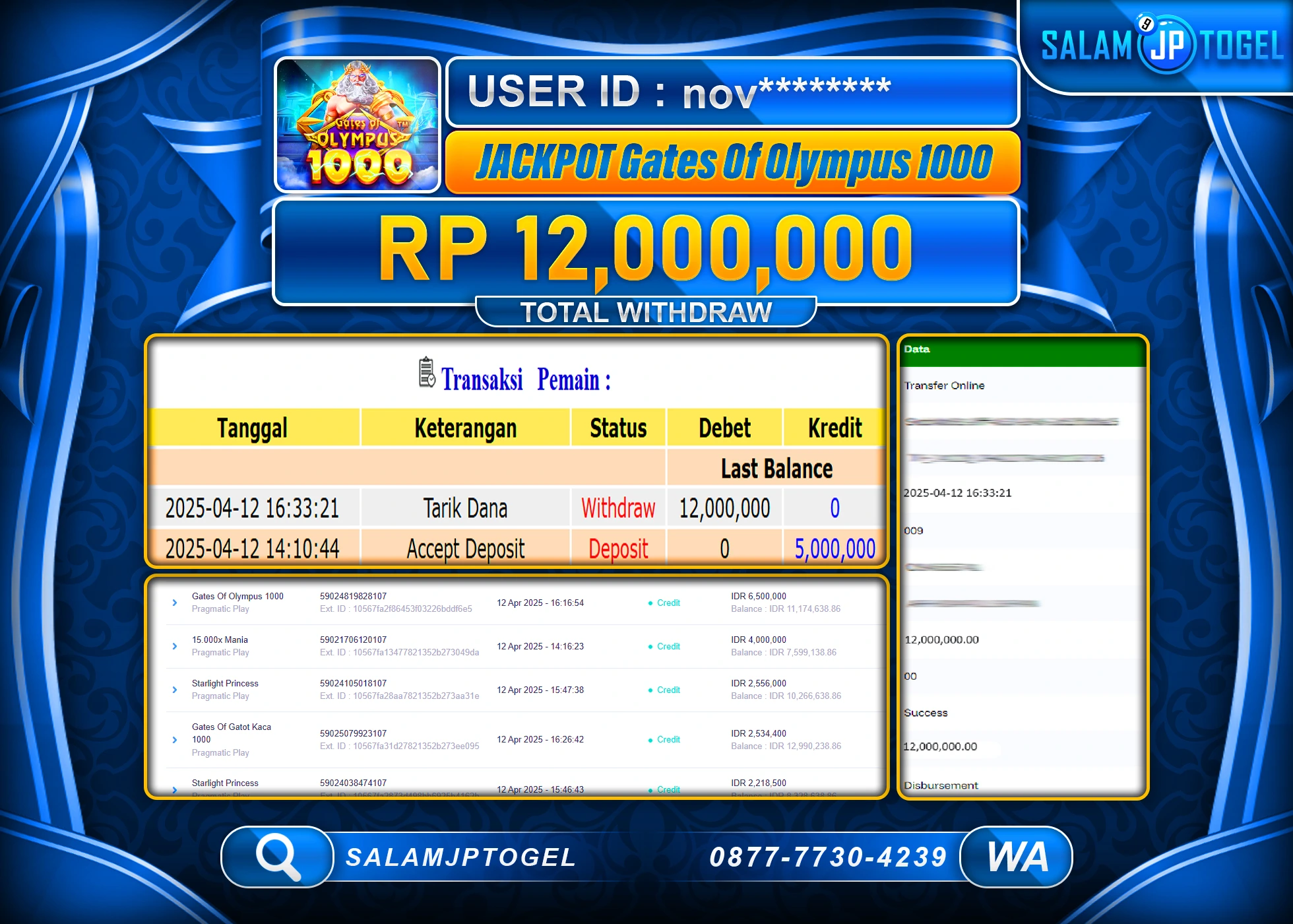 SALAMJPTOGEL MENANG GATES OF OLYMPUS 1000 Rp. 12,000,000 LUNAS