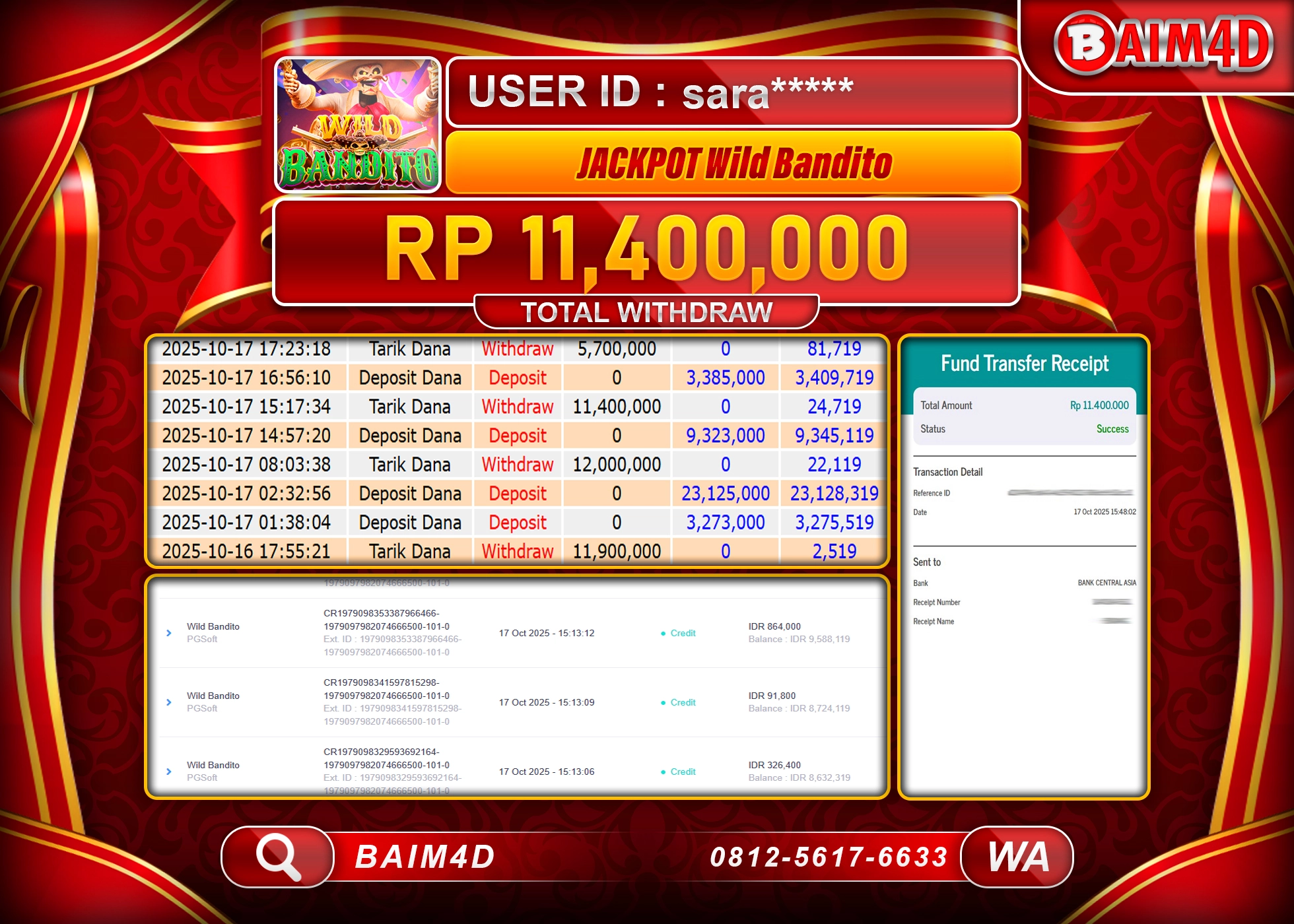 BAIM4D JACKPOT SLOT WILD BANDITO PG SOFT Rp.11,400,000.- LUNAS