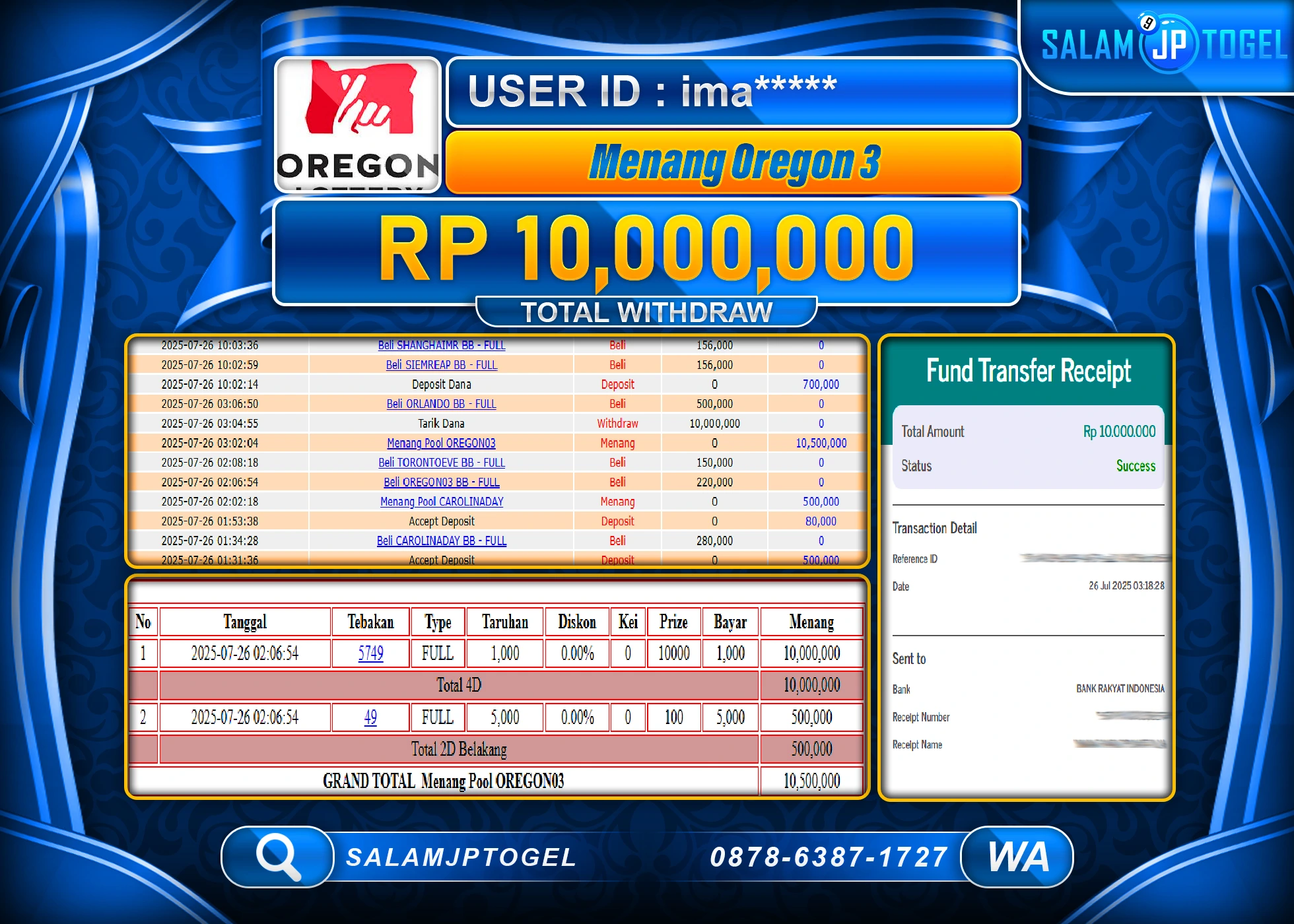 SALAMJPTOGEL MENANG TOGEL OREGON 3  Rp.10,000,000