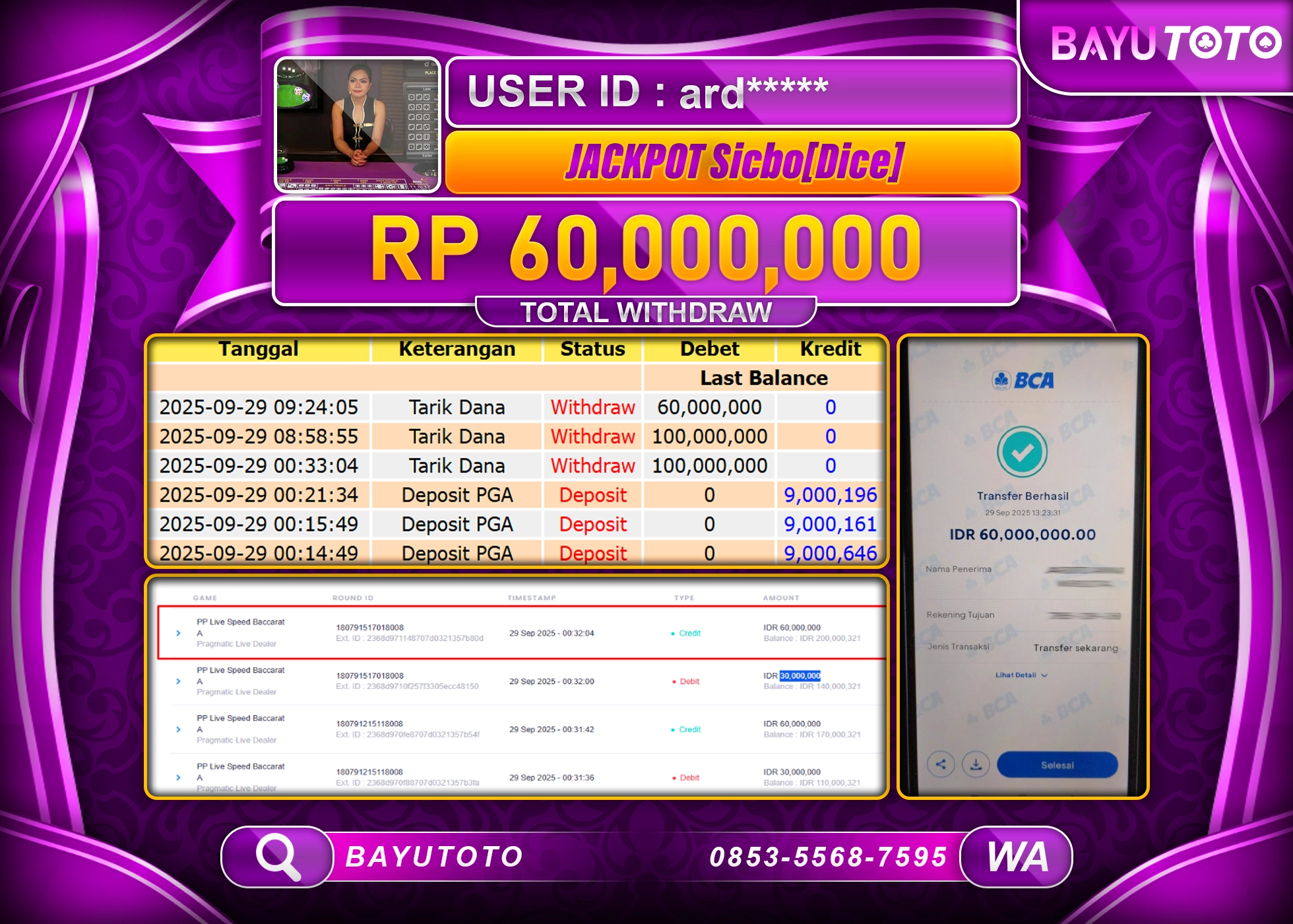BAYUTOTO JACKPOT DI GAME  LIVEGAMES PP LIVE SPEED BACCARAT  Rp.60,000,000 LUNAS
