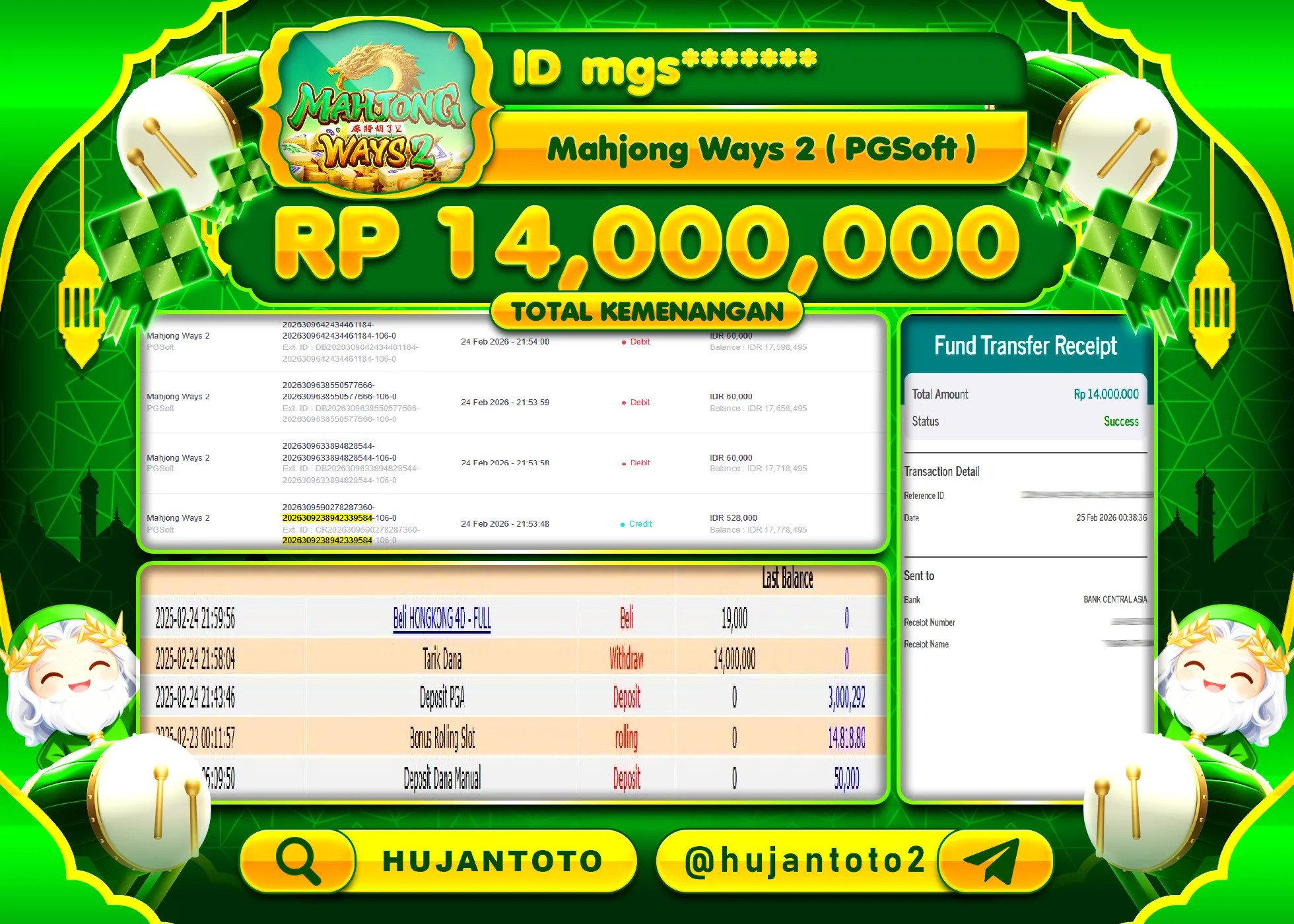 HUJANTOTO - BUKTI JACKPOT MENANG SLOT MAHJONG WAYS 2 Rp.14,000,000 - TERBAYAR LUNAS