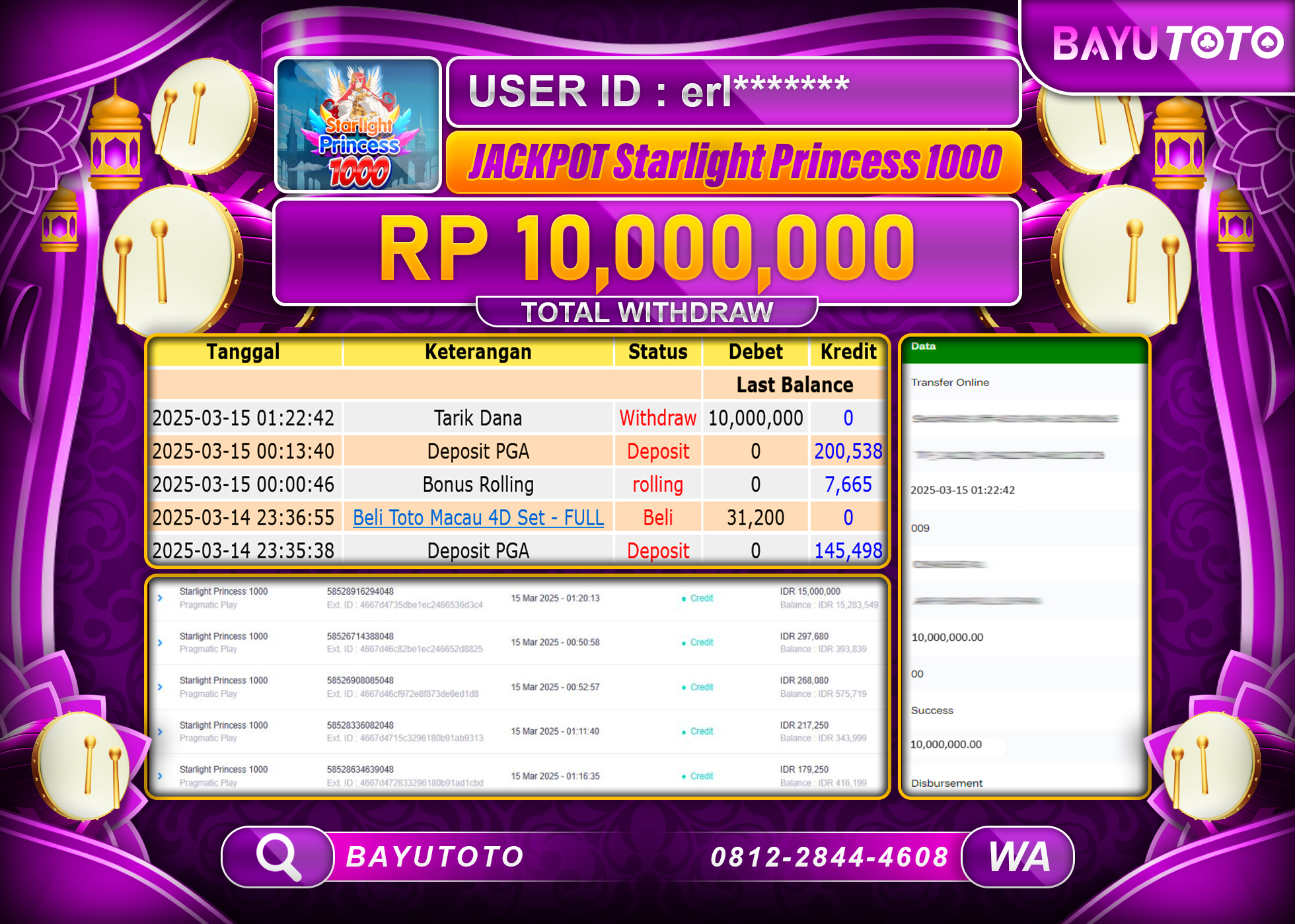 BAYUTOTO JACKPOT DI SLOT STARLIGHT PRINCES 1000 Rp.10.000.000 LUNAS