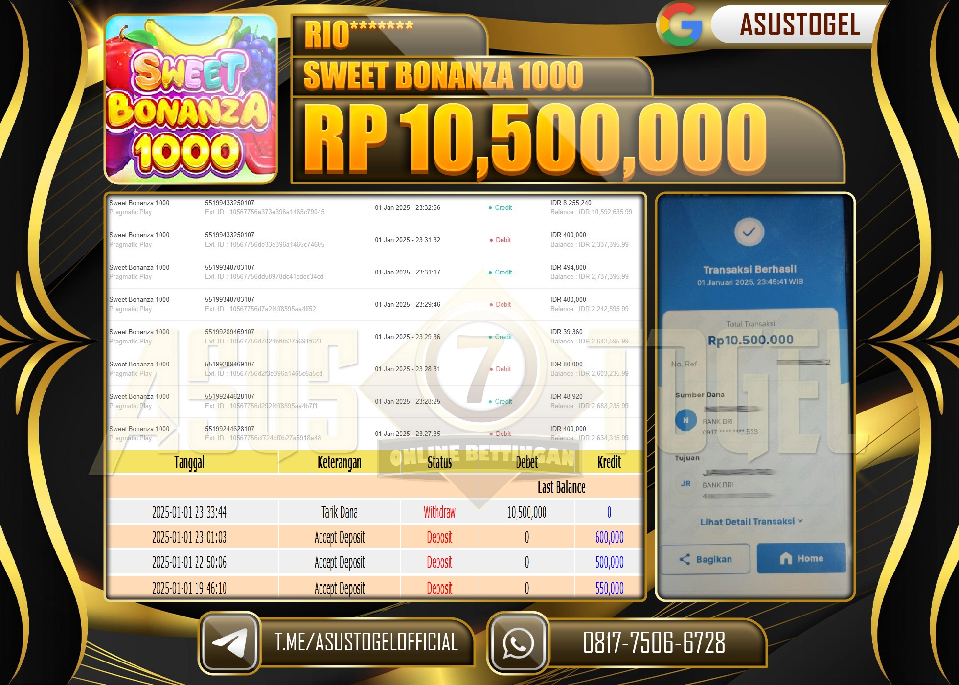 ASUSTOGEL KEMENANGAN DI SLOT SWEET BONANZA 1000  SEBESAR 10,500,000- RUPIAH LUNAS