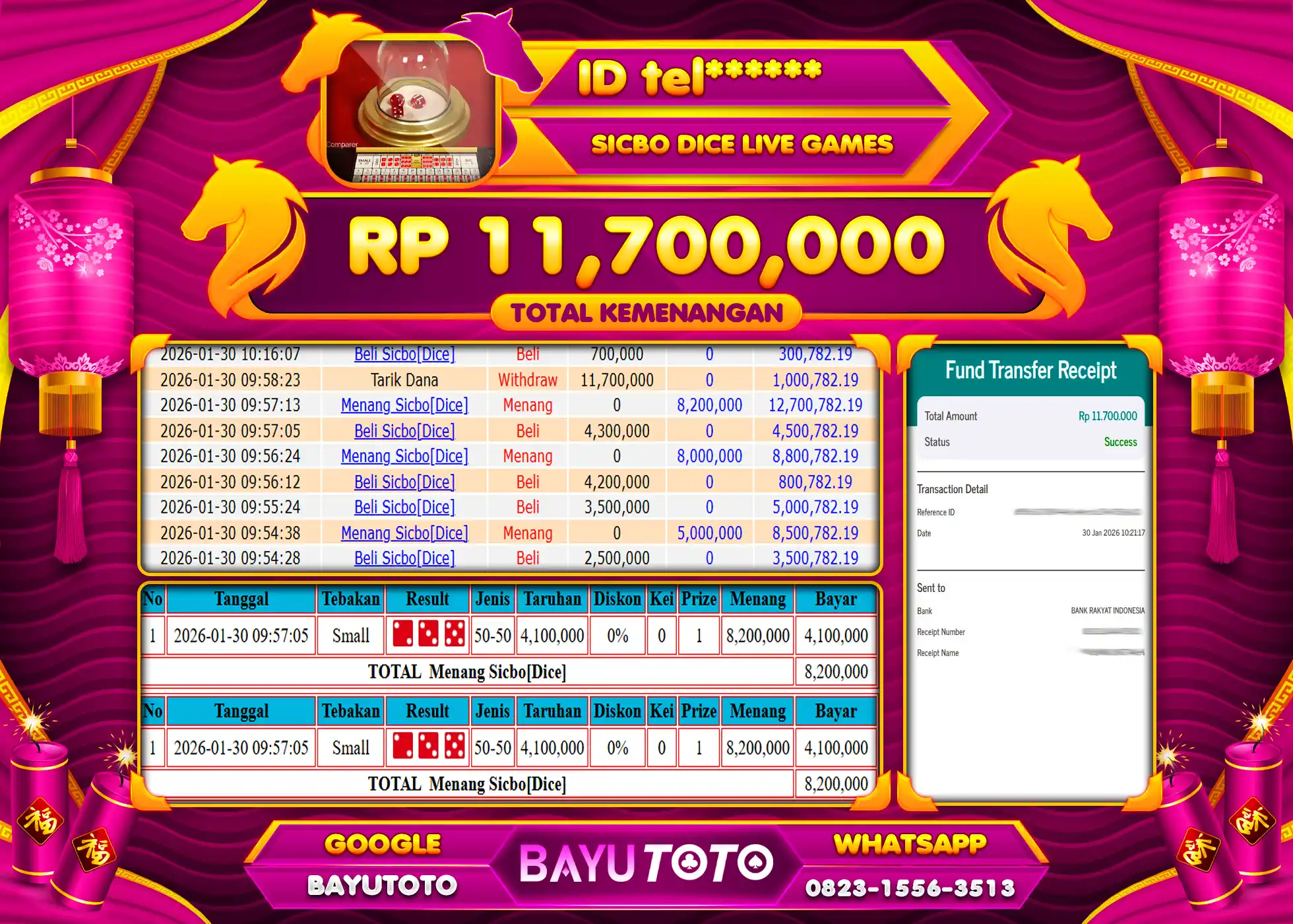 SELAMAT MEMBER SETIA BAYUTOTO JACKPOT DI LIVE GAME SICBO {DICE} GAME Rp. 11,700,000 LUNAS