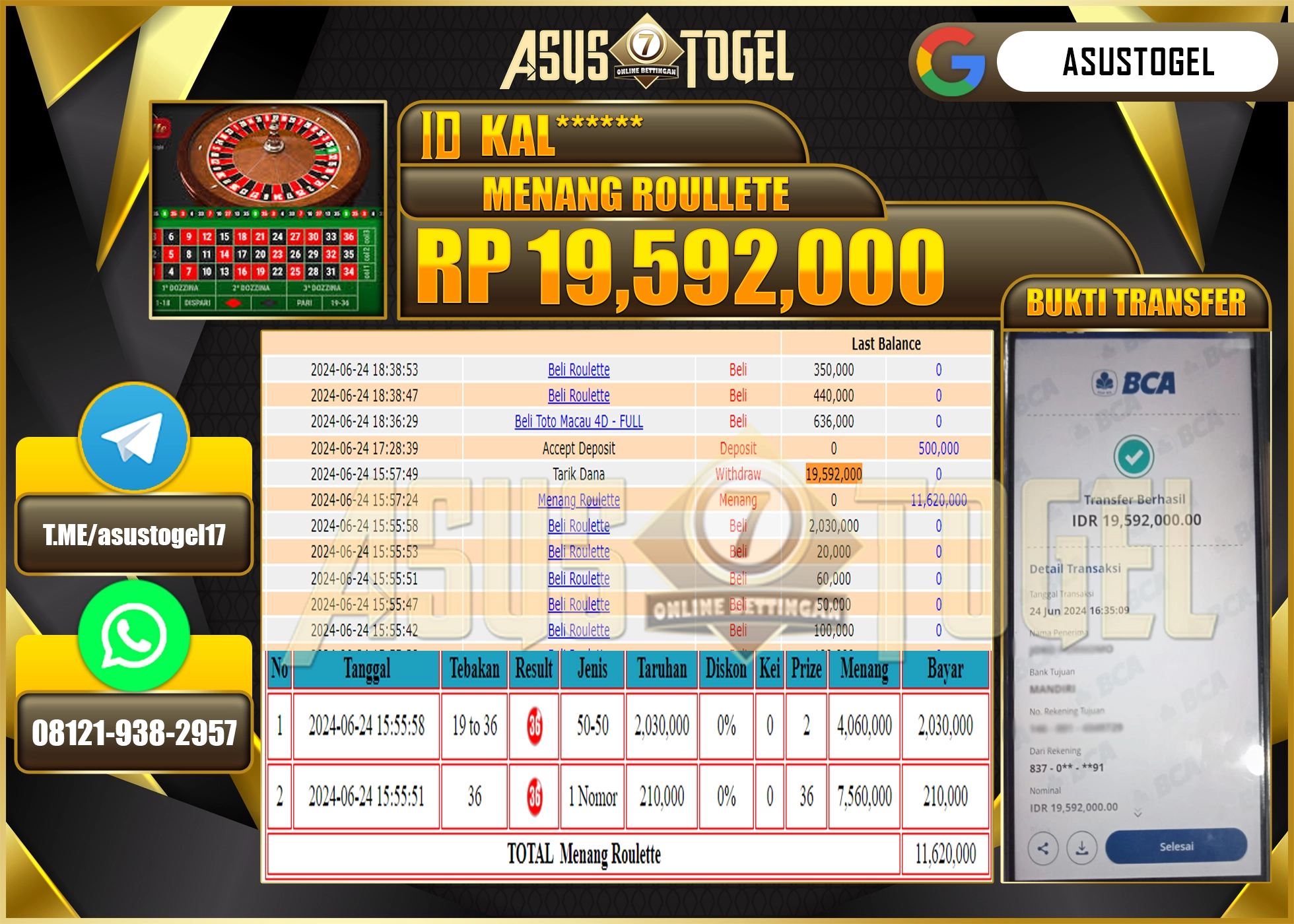 ASUSTOGEL KEMENANGAN LIVEGAME ROULLETE SEBESAR 19,592,000-LUNAS