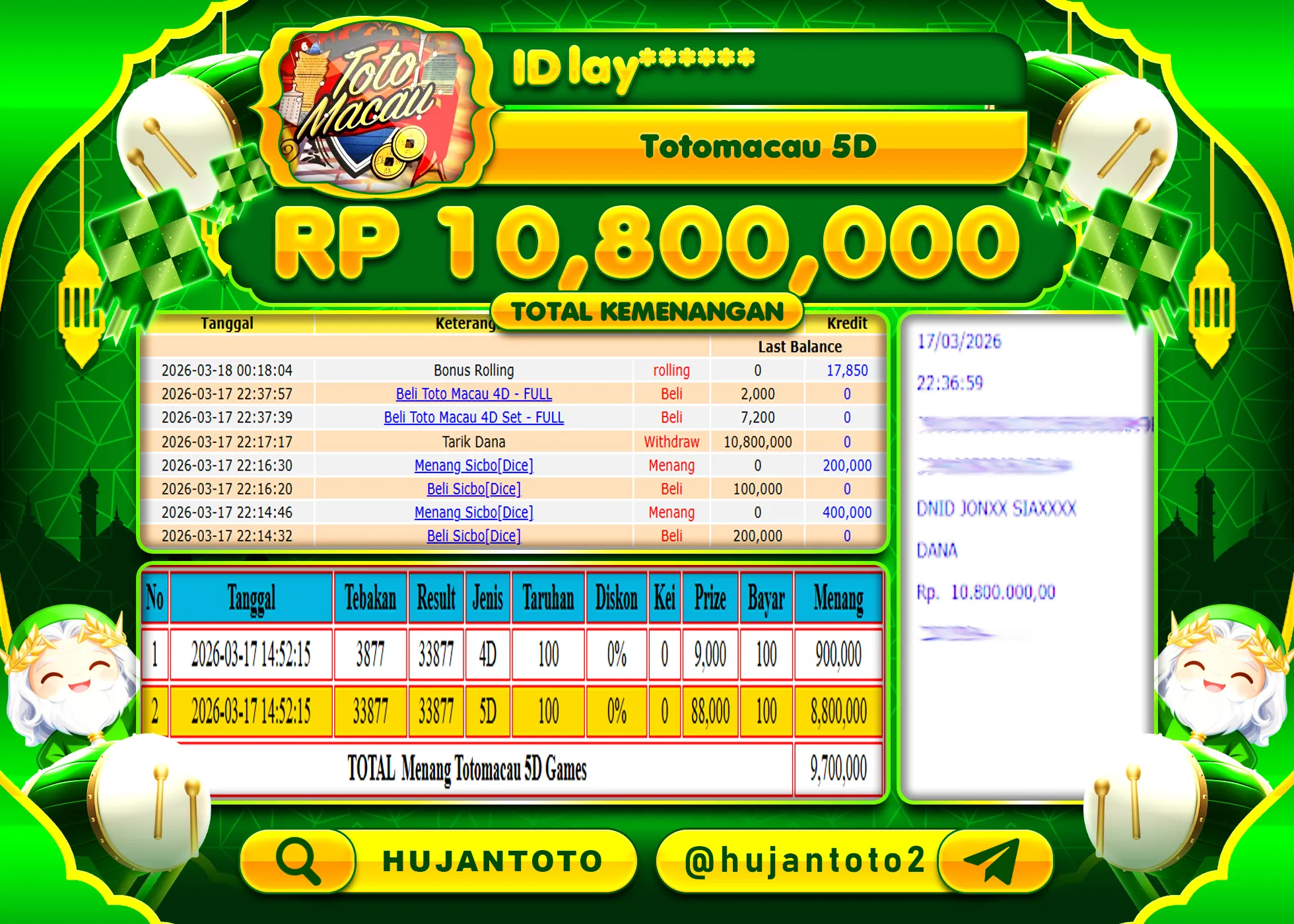 HUJANTOTO - BUKTI JACKPOT MENANG TOGEL TOTO MACAU 5D Rp.10,800,000 - TERBAYAR LUNAS