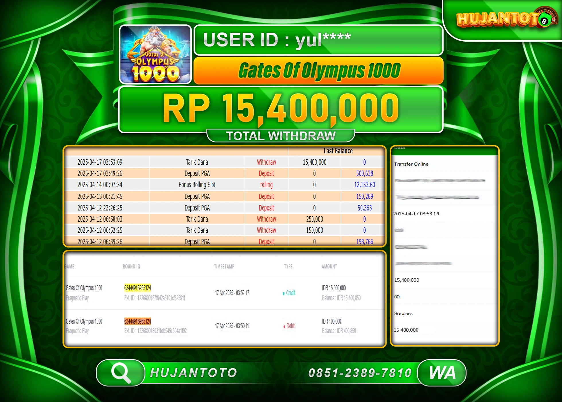HUJANTOTO - BUKTI JACKPOT MENANG SLOT GATES OF OLYMPUS 1000 Rp,15,400,000 - TERBAYAR LUNAS