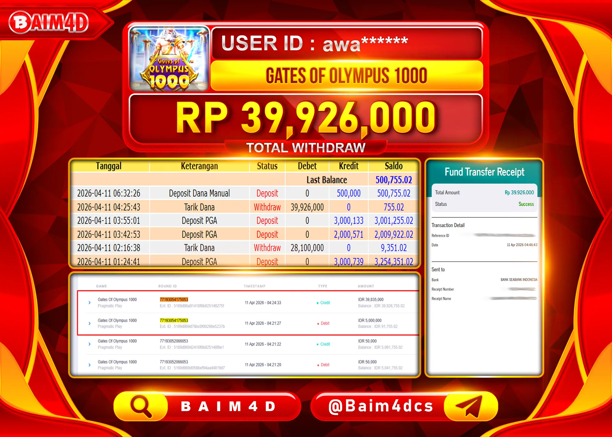 BAIM4D JACKPOT  SLOT GATES OF OLYMPUS 1000 Rp.39,926,000 - LUNAS