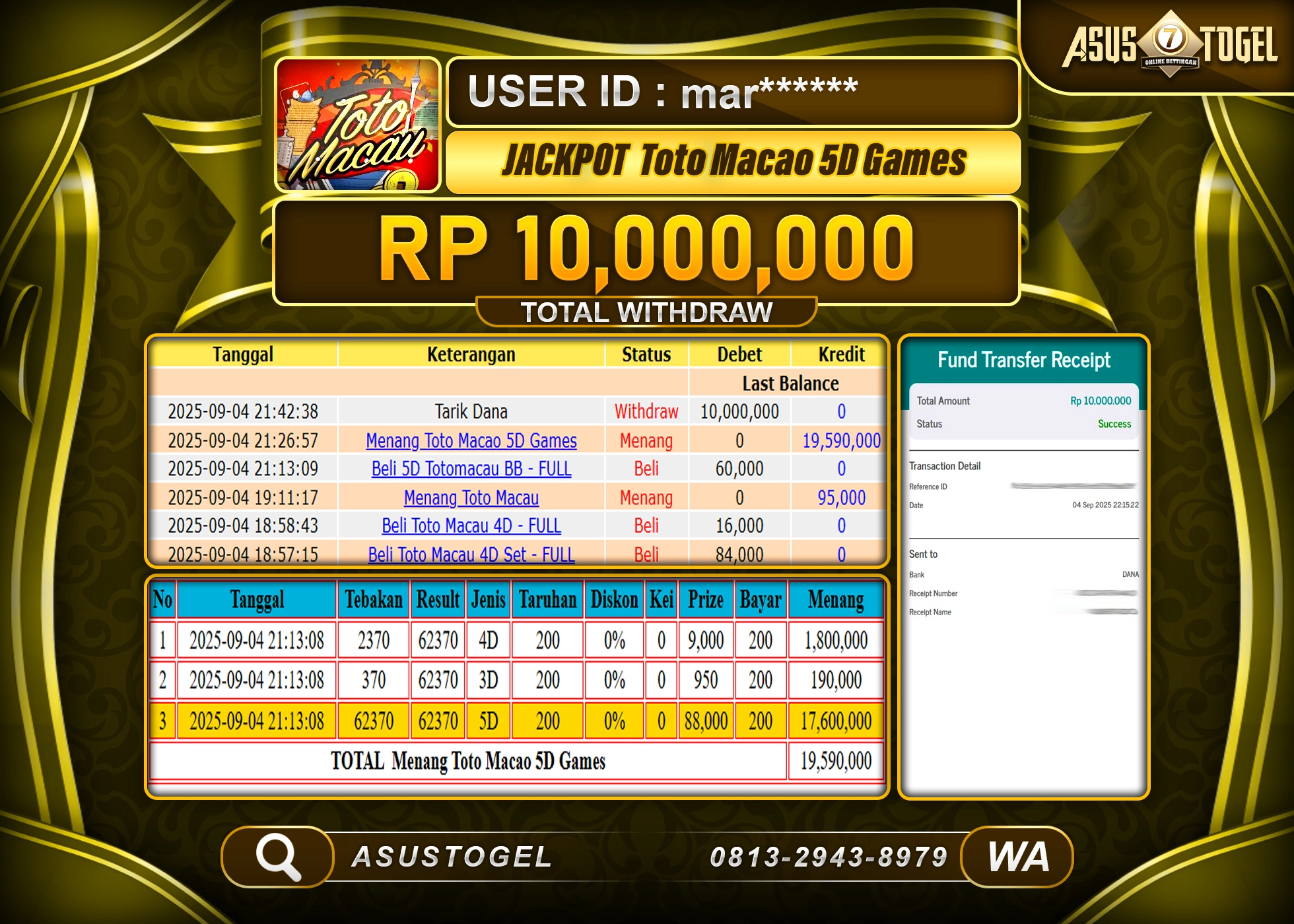 ASUSTOGEL KEMENANGAN DI TOGEL TOTO MACAO 5D GAMES SEBESAR 10,000,000- RUPIAH LUNAS