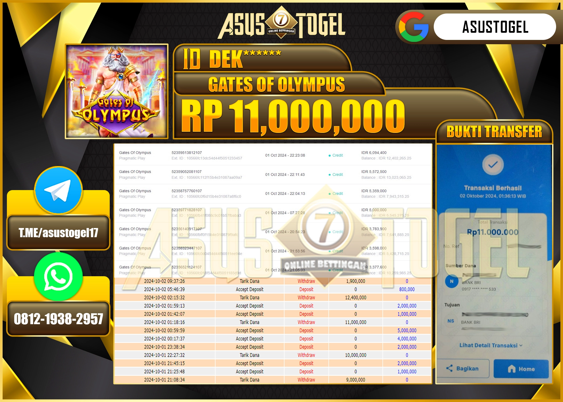 ASUSTOGEL KEMENANGAN  DI GAMES   GATES OF OLYMPUS  SEBESAR 11,000,000- RUPIAH LUNAS