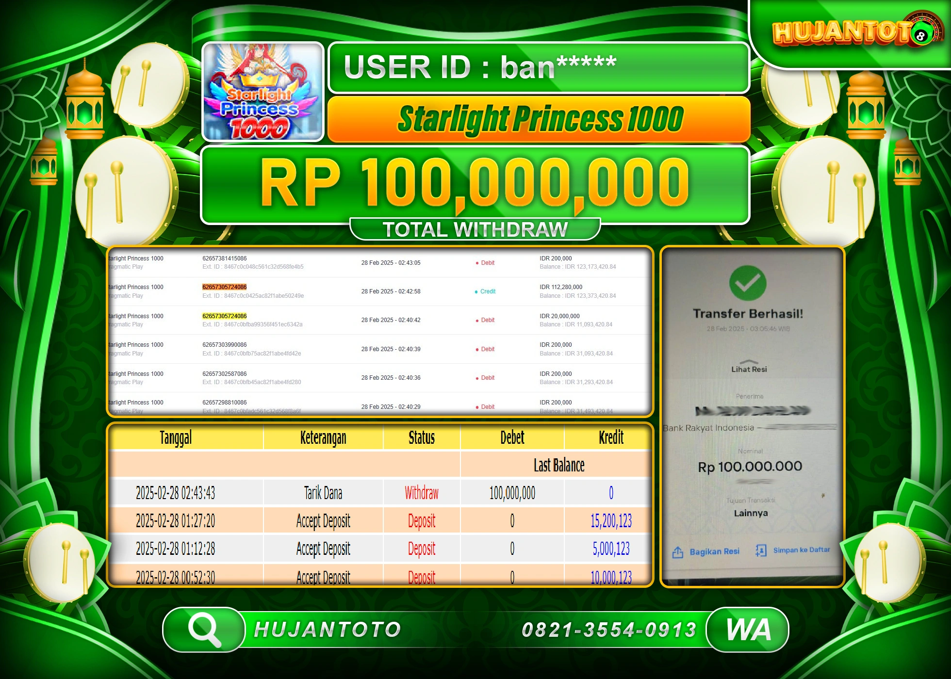 HUJANTOTO - BUKTI JACKPOT MENANG SLOT STARLIGHT PRINCESS 1000, Rp,100,000,000 - TERBAYAR LUNAS