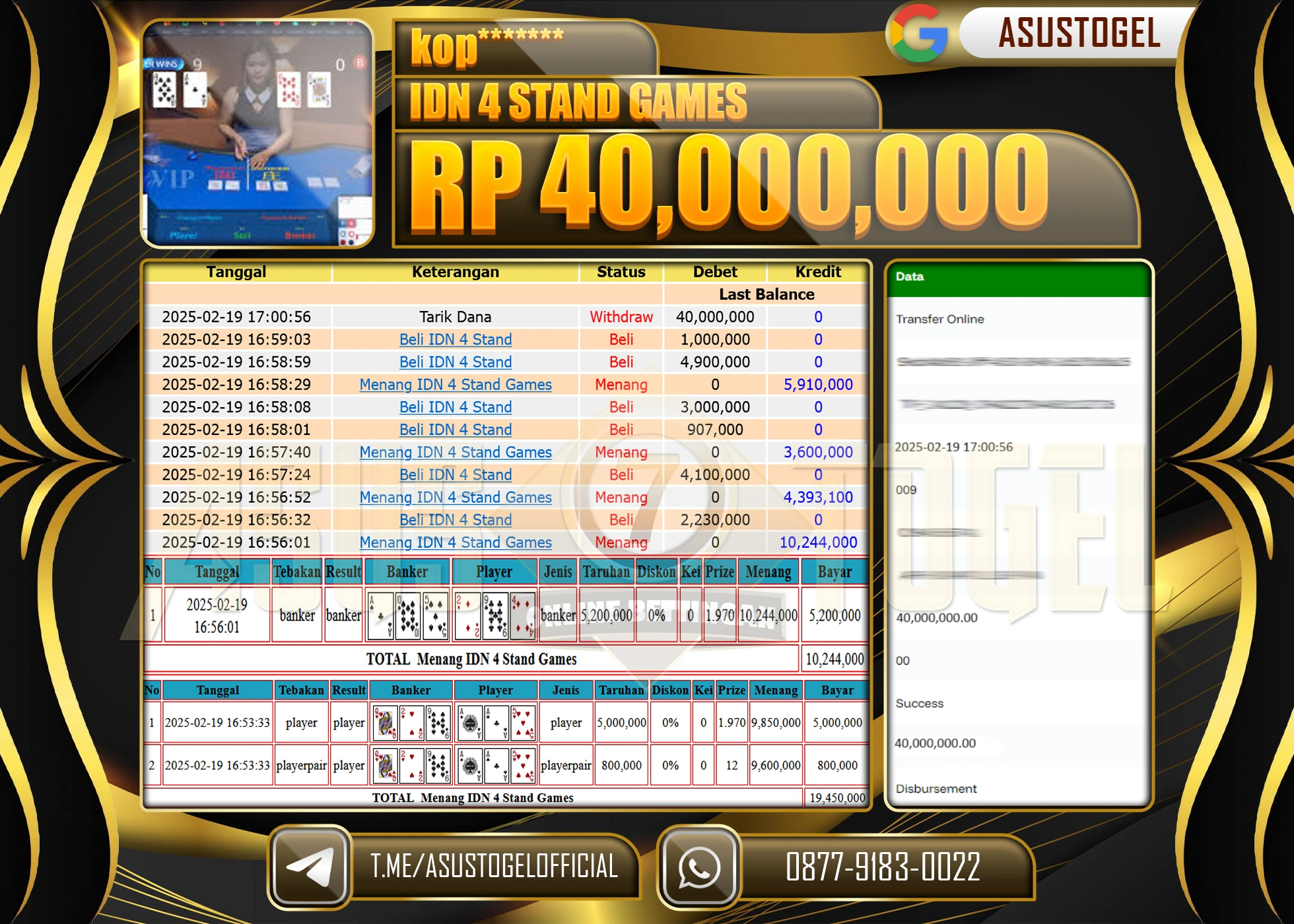 ASUSTOGEL KEMENANGAN DI IDN 4 STAND GAMES SEBESAR 40,000,000 - RUPIAH LUNAS