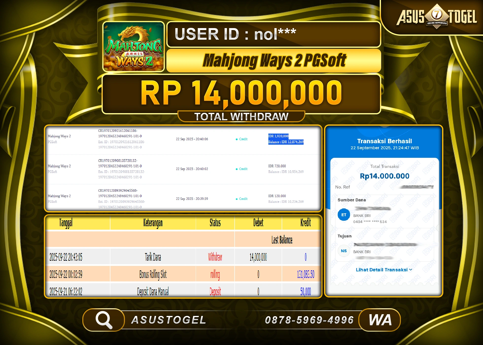 ASUSTOGEL KEMENANGAN DI SLOT MAHJONG WAYS 2 SEBESAR 14,000,000- RUPIAH LUNAS