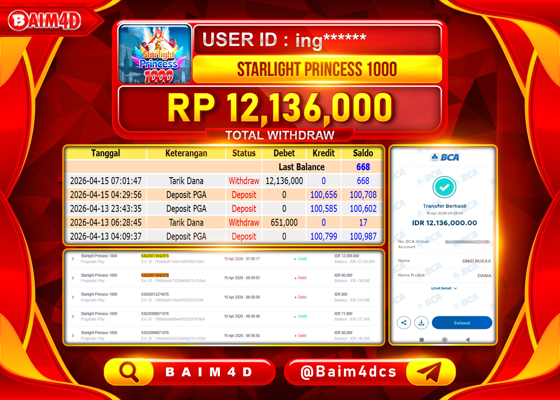 BAIM4D JACKPOT  SLOT STARLIGHT PRINCESS 1000  Rp.12,136,000 - LUNAS