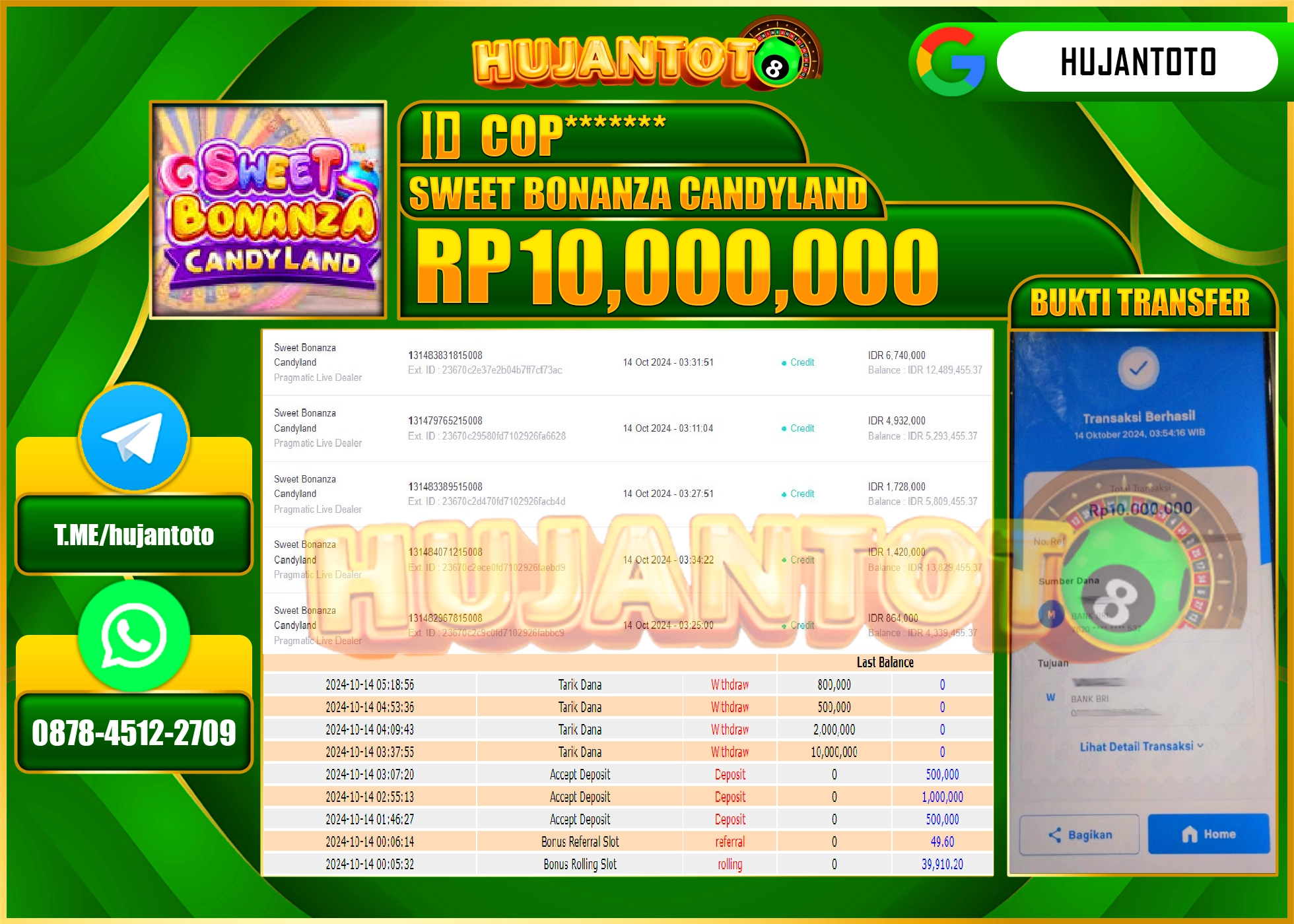 HUJANTOTO MENANG DI SWEET CANDYLAND - 10,000,000- LUNAS 