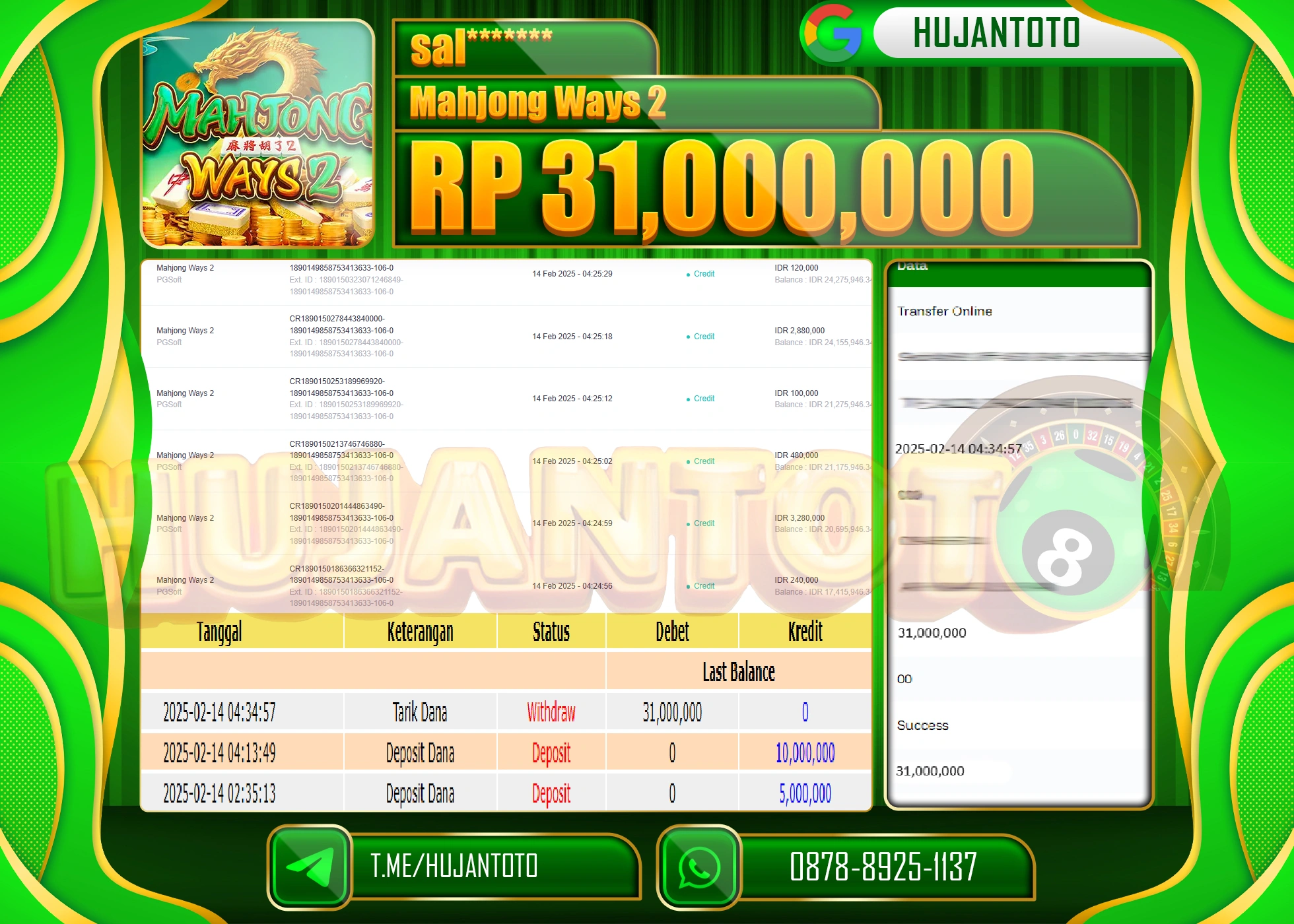 HUJANTOTO - BUKTI JACKPOT MENANG SLOT MAHJONG WAYS 2 Rp,31.000,000 - TERBAYAR LUNAS
