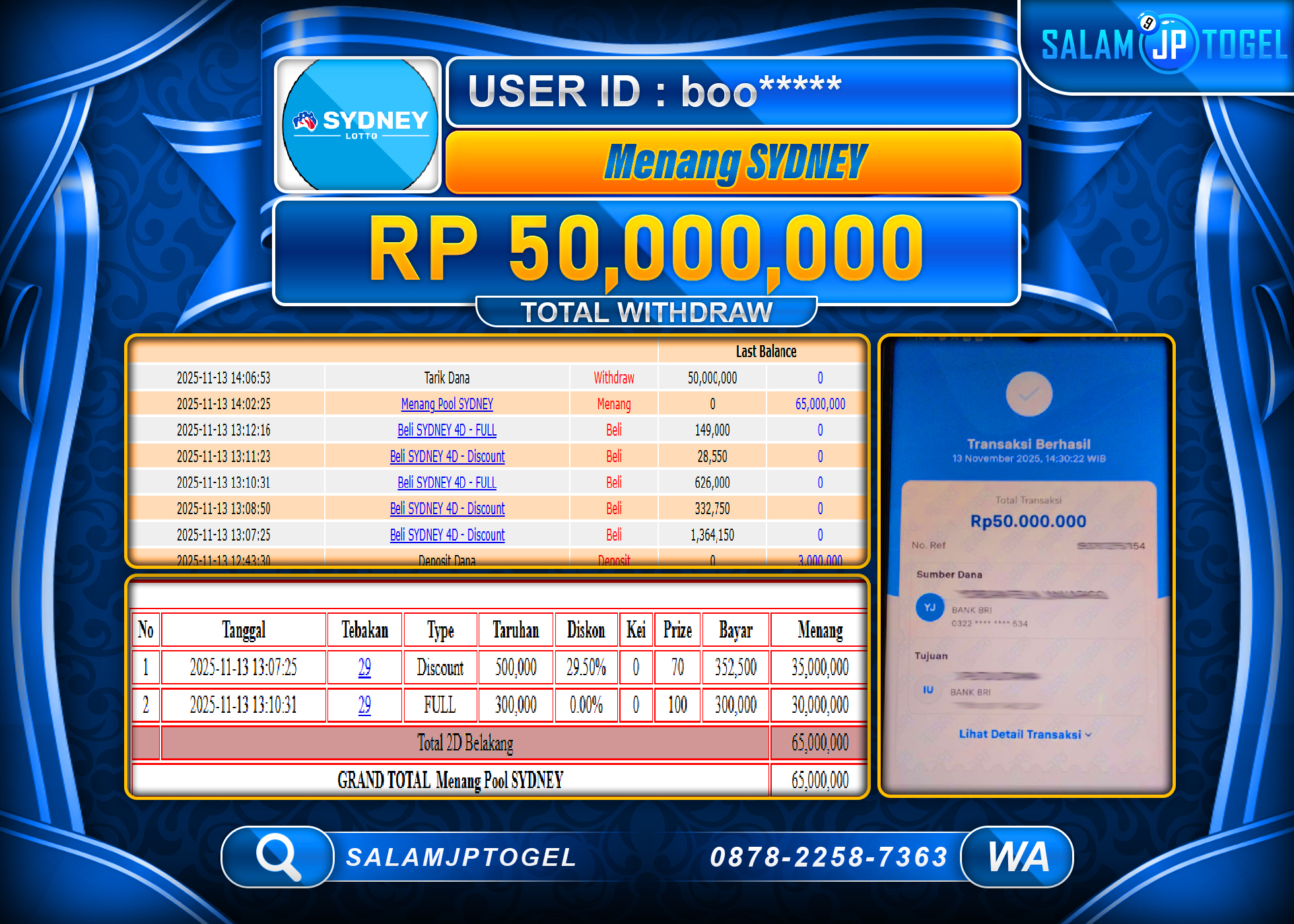 SALAMJPTOGEL MENANG JACKPOT POOL SYDNEY Rp.50,000,000  - LUNAS