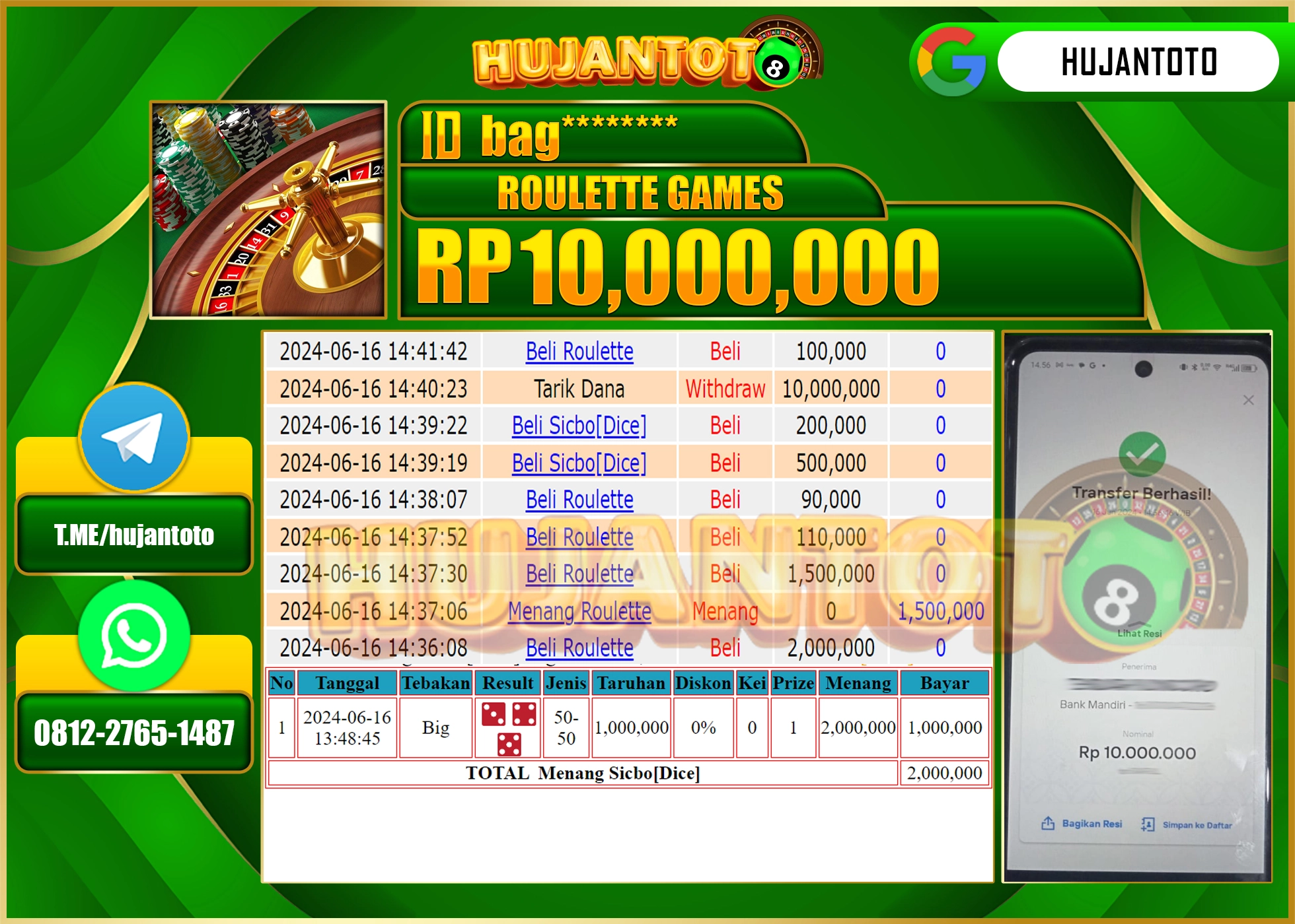 HUJANTOTO MENANG DI ROULETTE GAMES 10.000.000 - LUNAS 