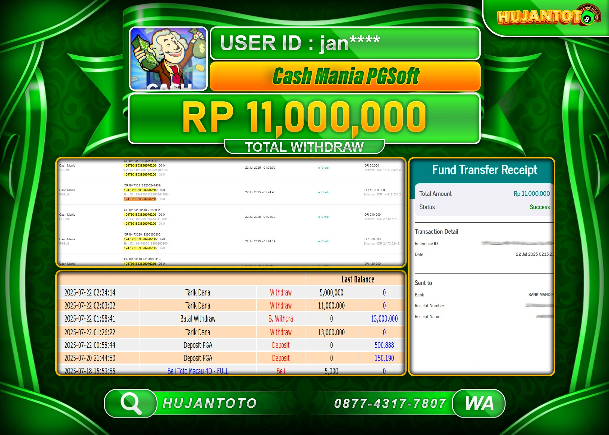 HUJANTOTO - BUKTI JACKPOT MENANG SLOT CASH MANIA PGSOFT Rp.11,000,000 - TERBAYAR LUNAS