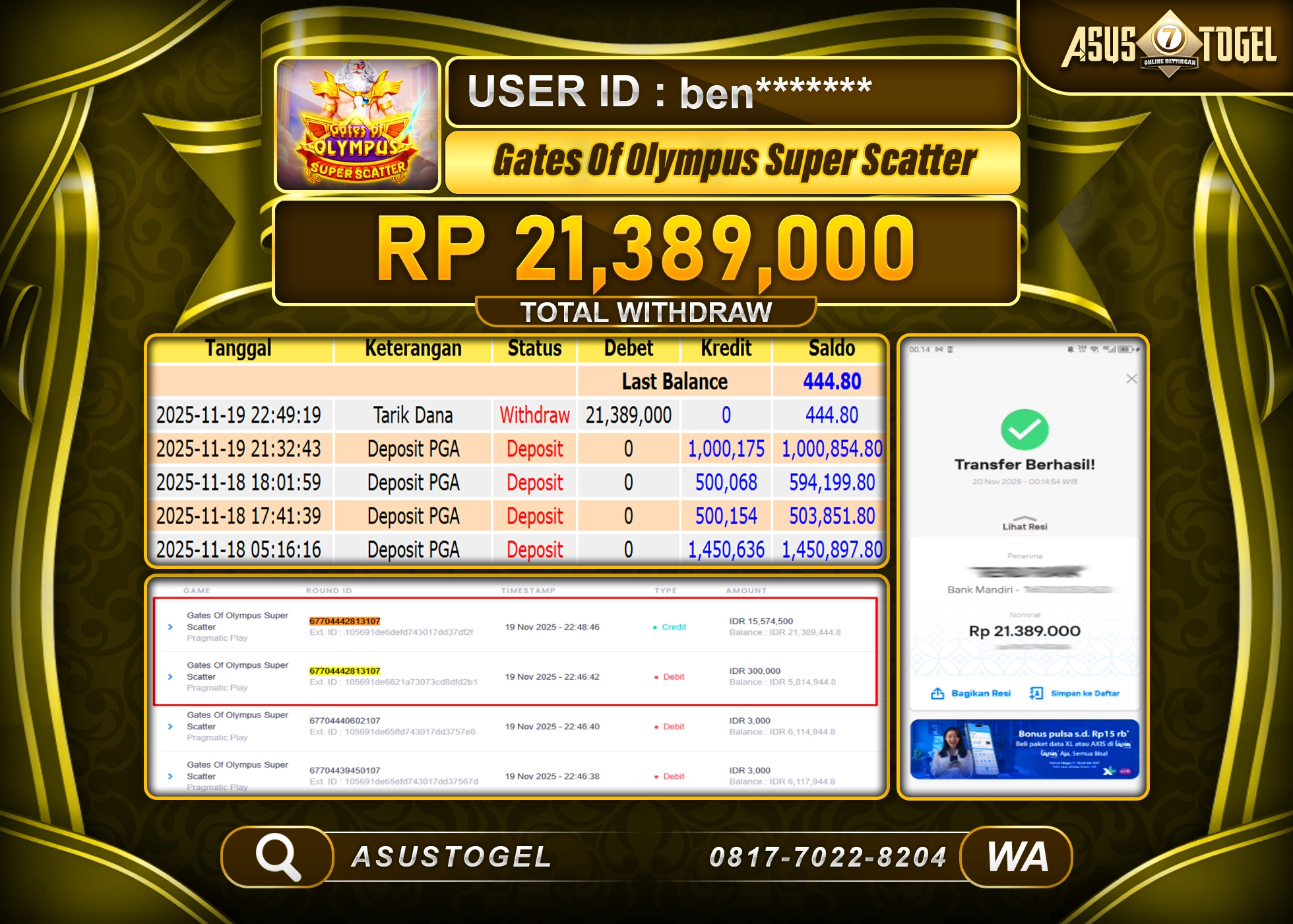 ASUSTOGEL KEMENANGAN DI SLOT GATES OF OLYMPUS SUPER SCATTER SEBESAR 21,389,000 - RUPIAH LUNAS