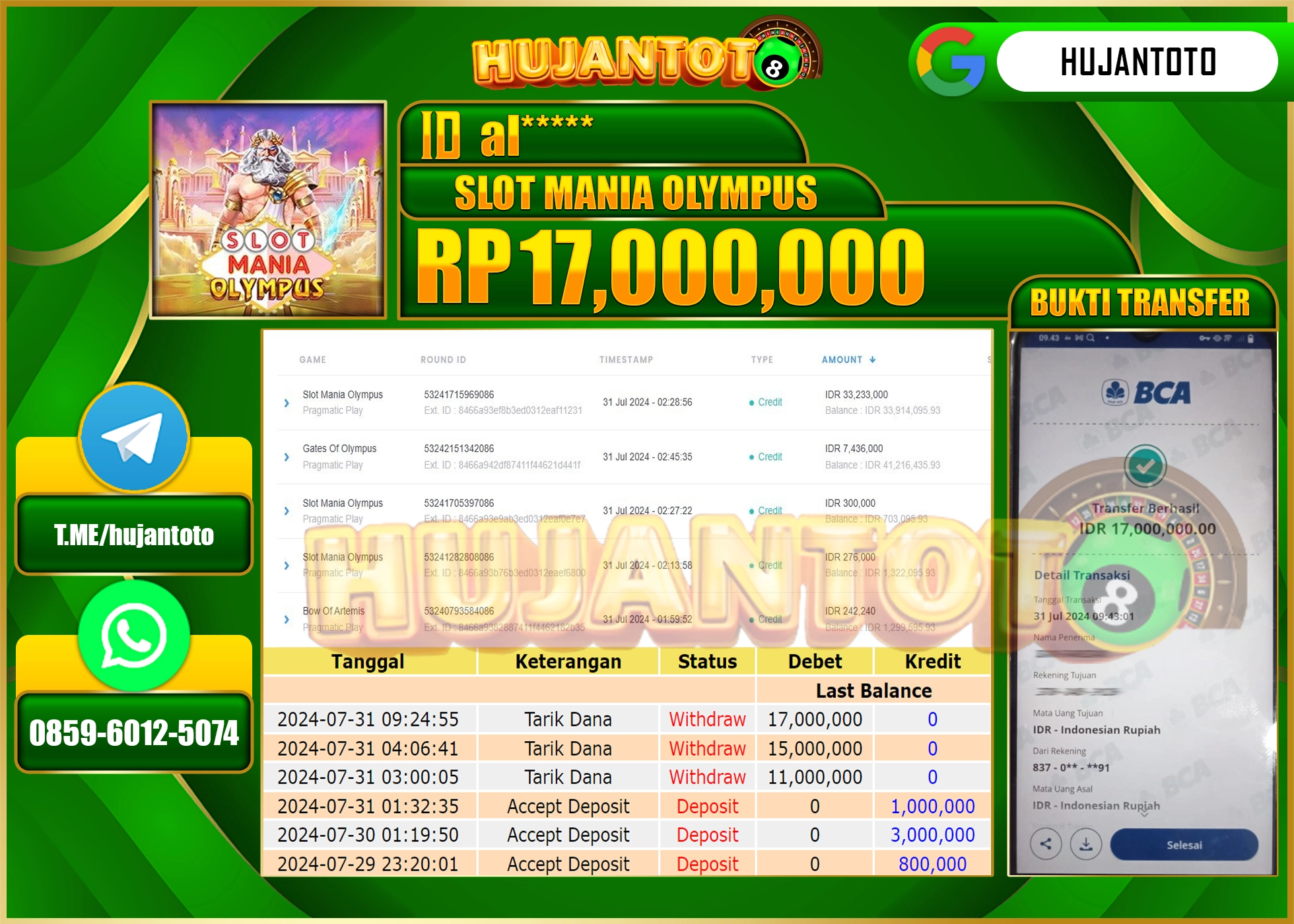 HUJANTOTO MENANG BESAR DI PERMAINAN SLOT MANIA OLYMPUS 17.000.000 - LUNAS 