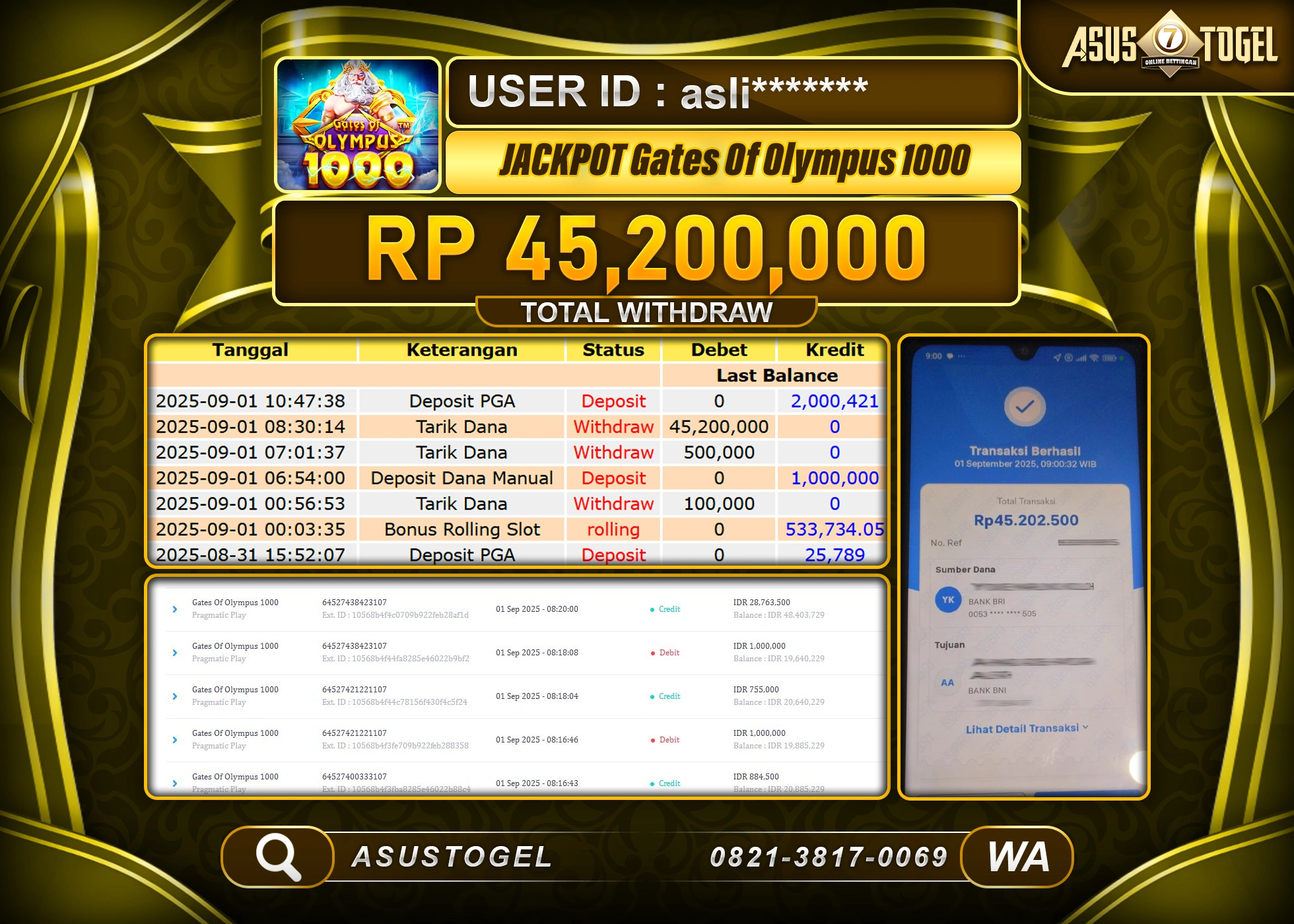 ASUSTOGEL KEMENANGAN DI SLOT GATES OF OLYMPUS 1000 SEBESAR 45,200,000- RUPIAH LUNAS