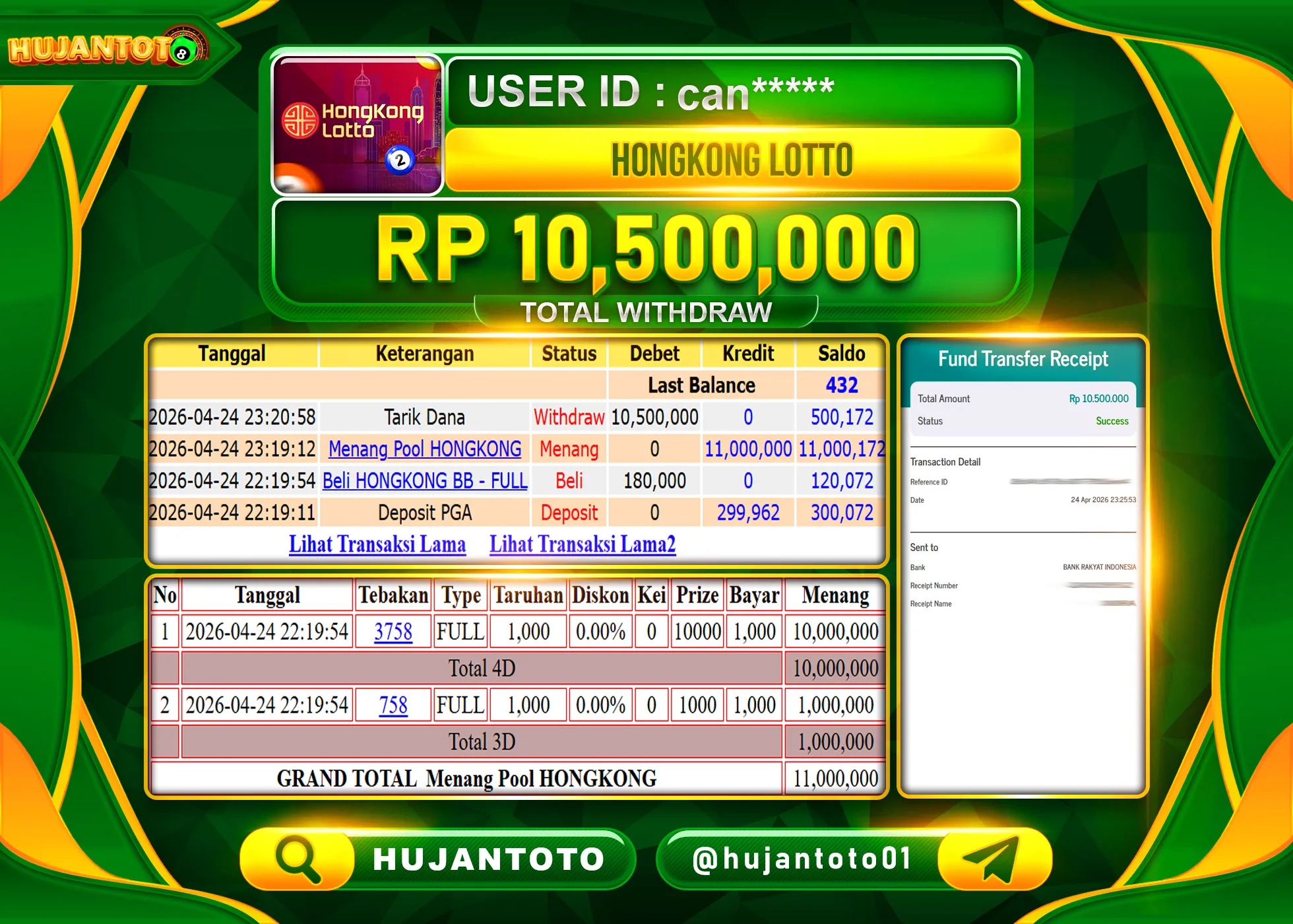 HUJANTOTO - BUKTI JACKPOT MENANG TOGEL HONGKONG LOTTO Rp.10,500,000 - TERBAYAR LUNAS