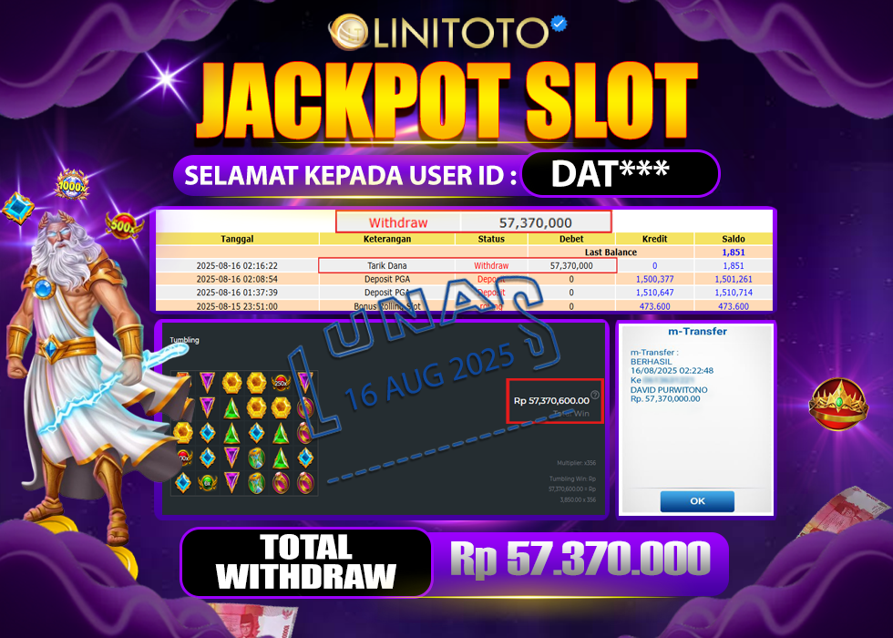 LINITOTO JACKPOT SLOT GATES OF OLYMPUS 1000 Rp.57.370.000- LUNAS