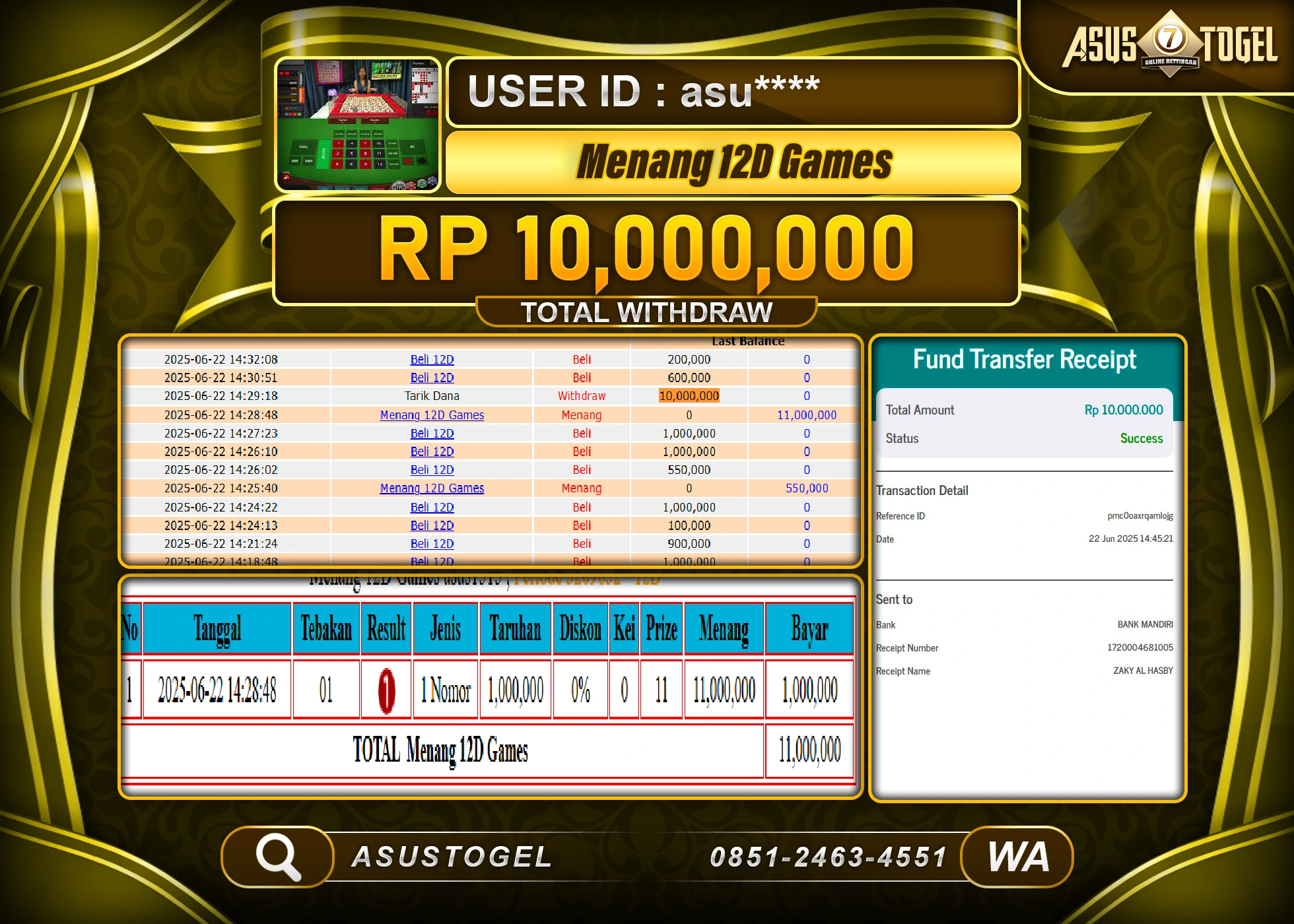 ASUSTOGEL KEMENANGAN DI LIVEGAME 12D GAMES SEBESAR 10,000,000- RUPIAH LUNAS