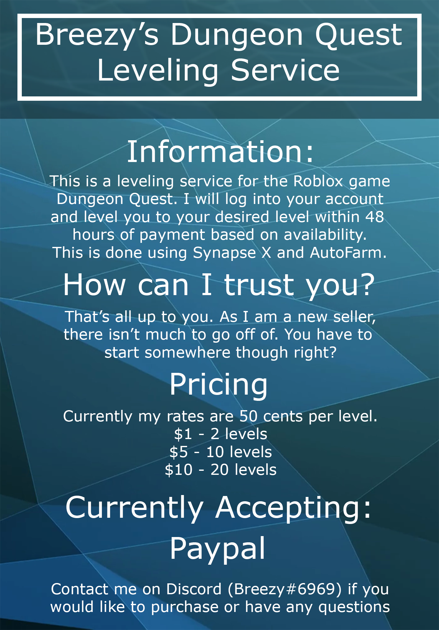 Selling Dungeon Quest Leveling Service 50 Cents Per Level