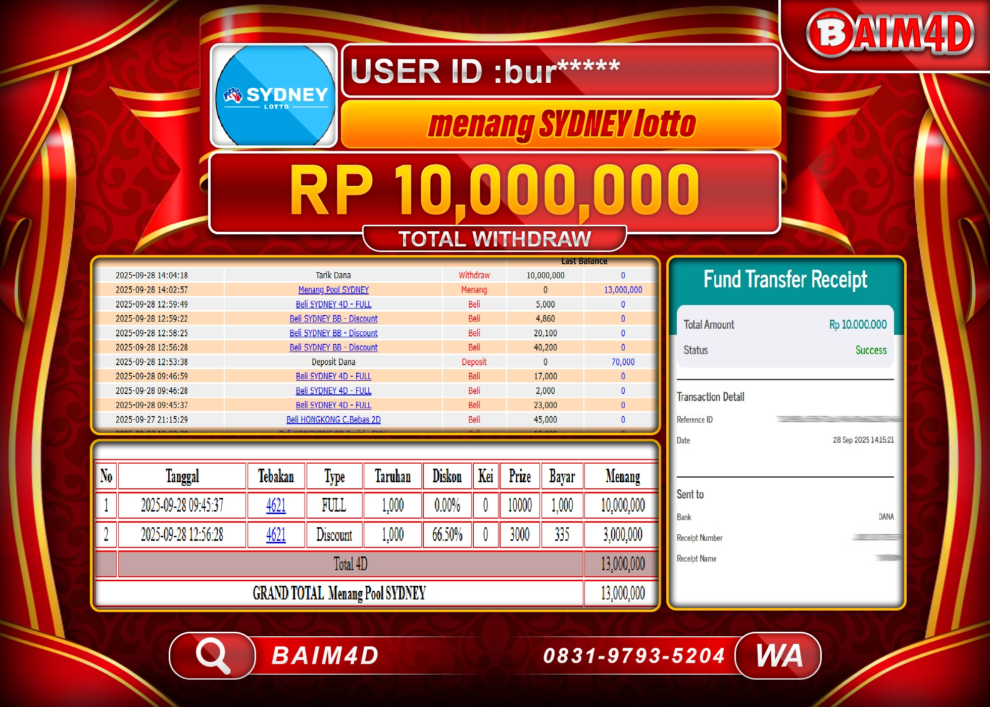 BAIM4D JACKPOT TOGEL SYDNEY LOTTO GAMES Rp.10,000,000.- LUNAS