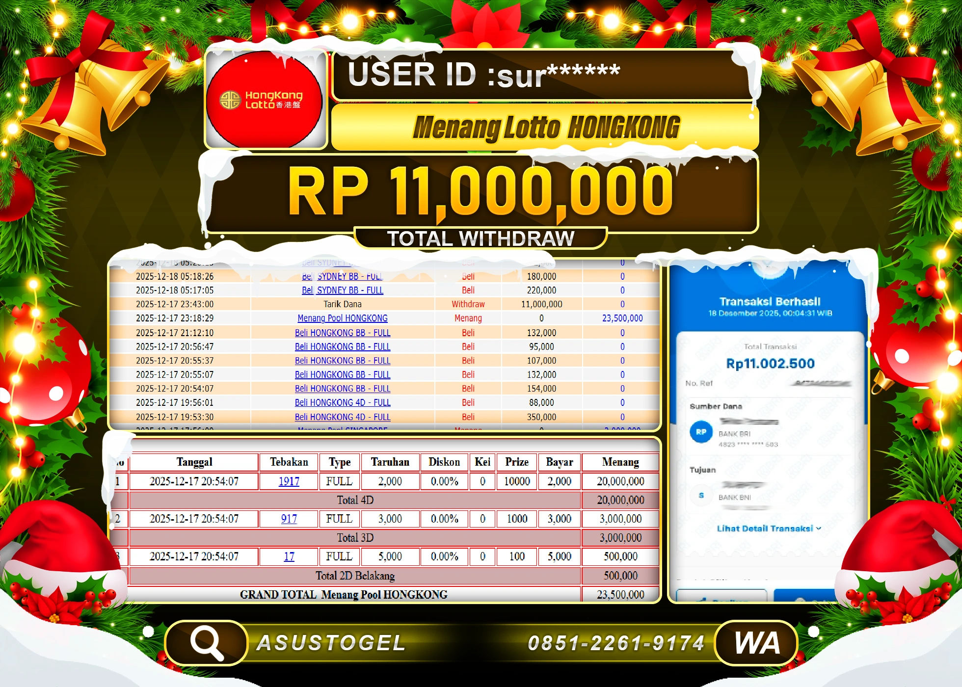 ASUSTOGEL KEMENANGAN DI TOGEL HONGKONG LOTTO SEBESAR 11,000,000 - RUPIAH LUNAS