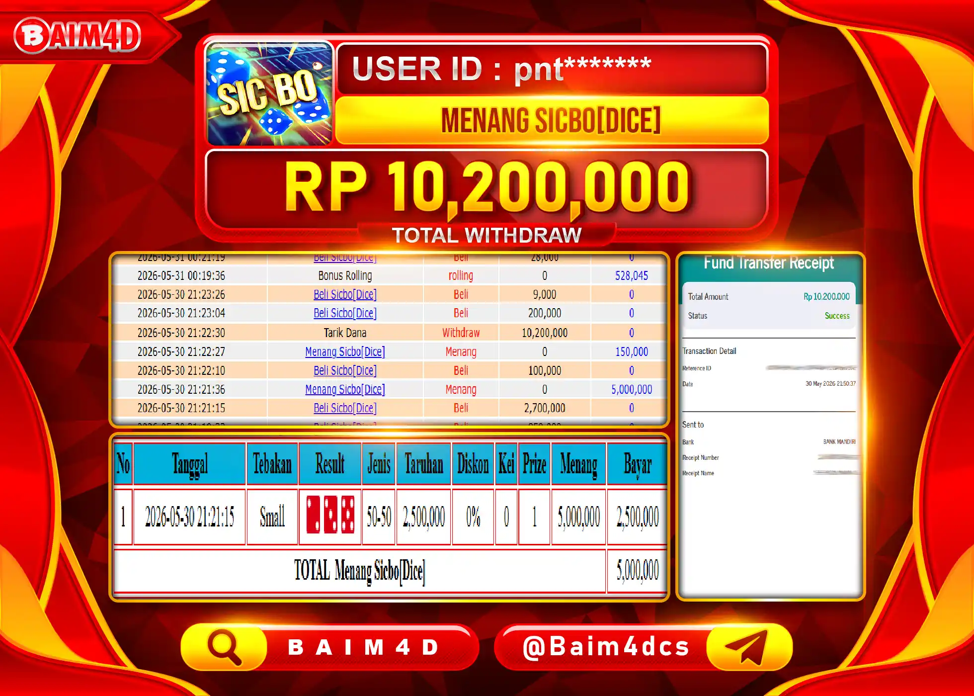 BAIM4D JACKPOT LIVE GAME SICBO {DICE} Rp.10,200,000 - LUNAS