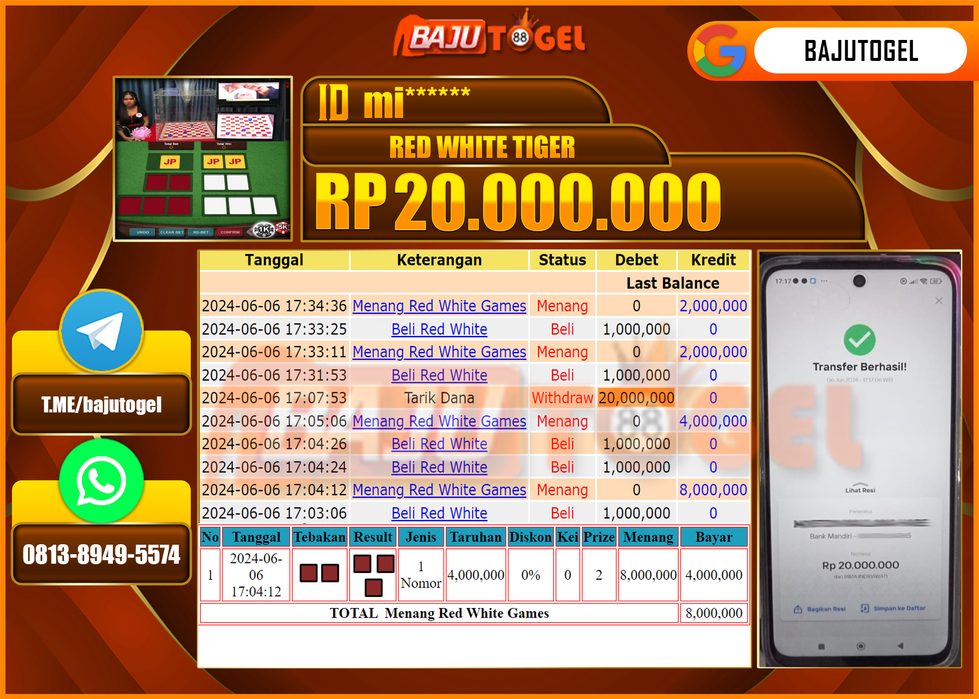 BAJUTOGEL JACKPOT LIVE CASINO RED WHITE TIGER Rp.20.000.000 LUNAS