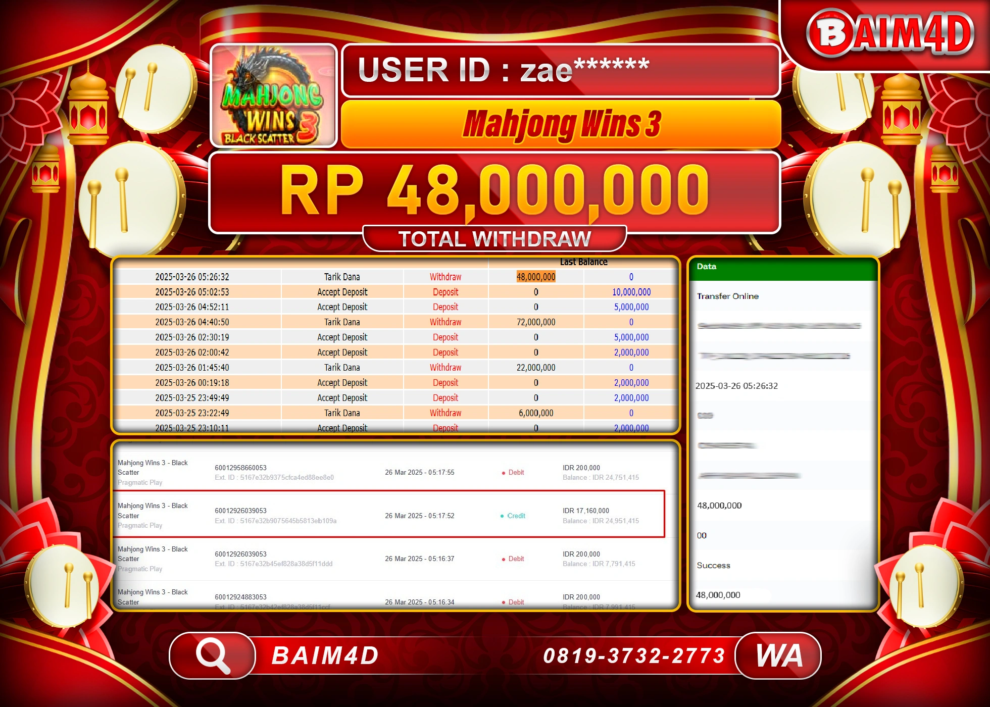 BAIM4D MENANG SLOT MAHJONG WINS 3  Rp.48.000,000.- LUNAS