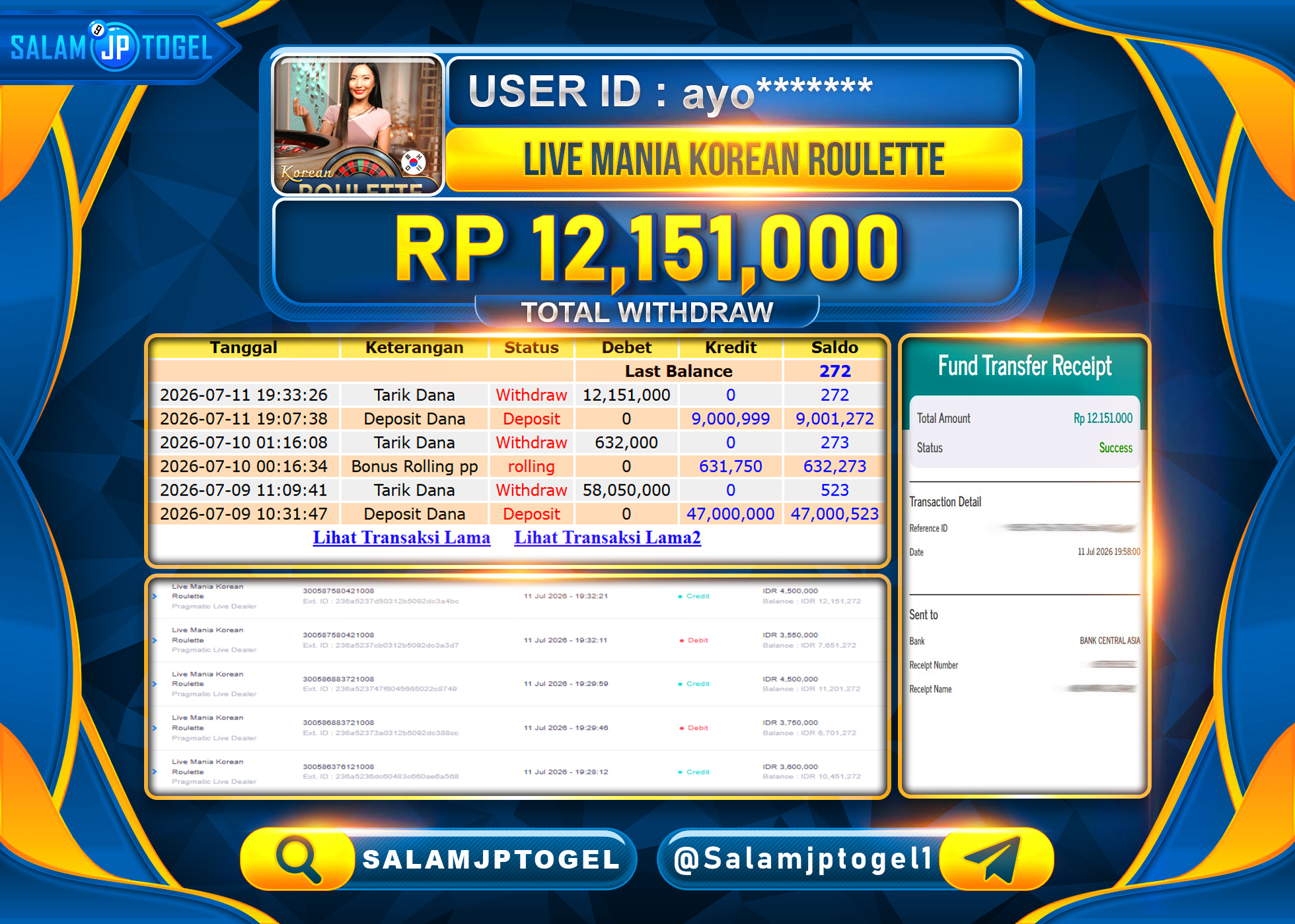 SALAMJPTOGEL JACKPOT Live Casino Mania Korean Roulette Rp.12,151,000 - LUNAS