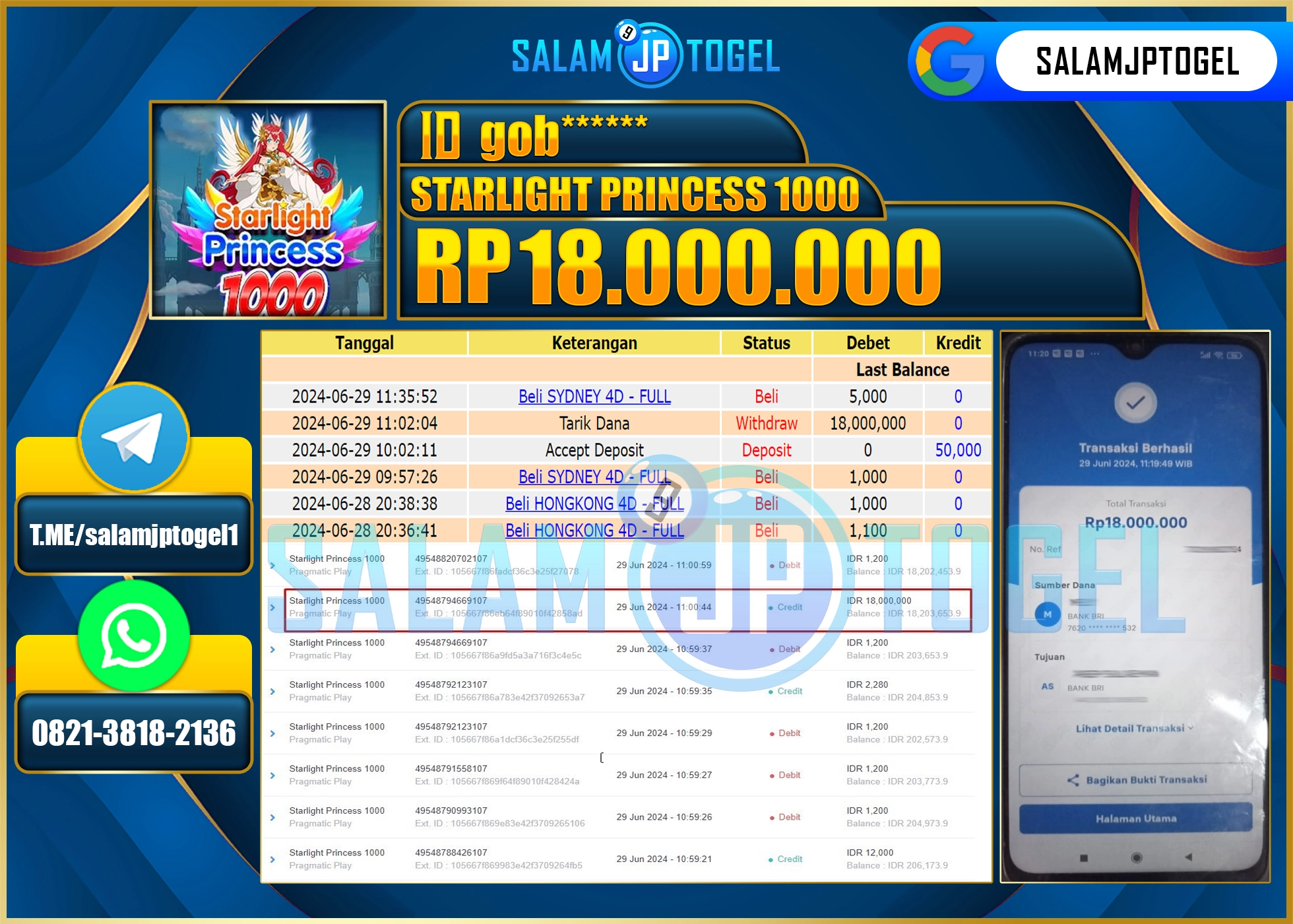 SALAMJPTOGEL MENANG  Starlight Princess 1000 RP. 18,000,000.,LUNAS