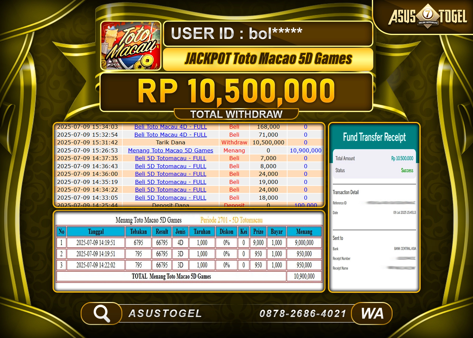 ASUSTOGEL KEMENANGAN DI TOGEL TOTO MACAO 5D SEBESAR 10,500,000- RUPIAH LUNAS