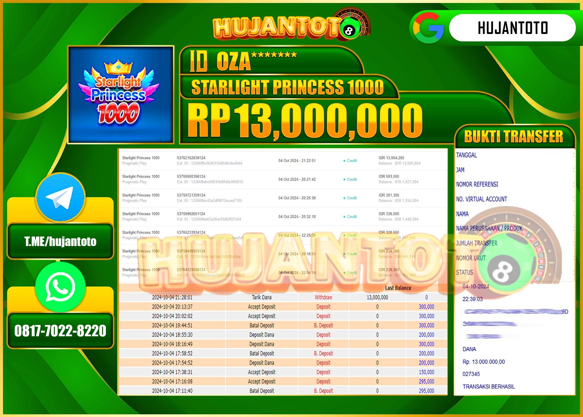 HUJANTOTO MENANG BESAR DI PERMAINAN SLOT STARLIGHT PRINCESS 1000  - 13.000,000 - LUNAS 
