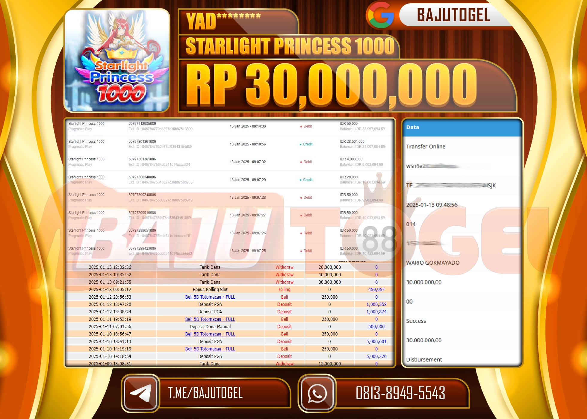 BAJUTOGEL JACKPOT STARLIGHT PRINCESS 1000 Rp.30.000.000 LUNAS