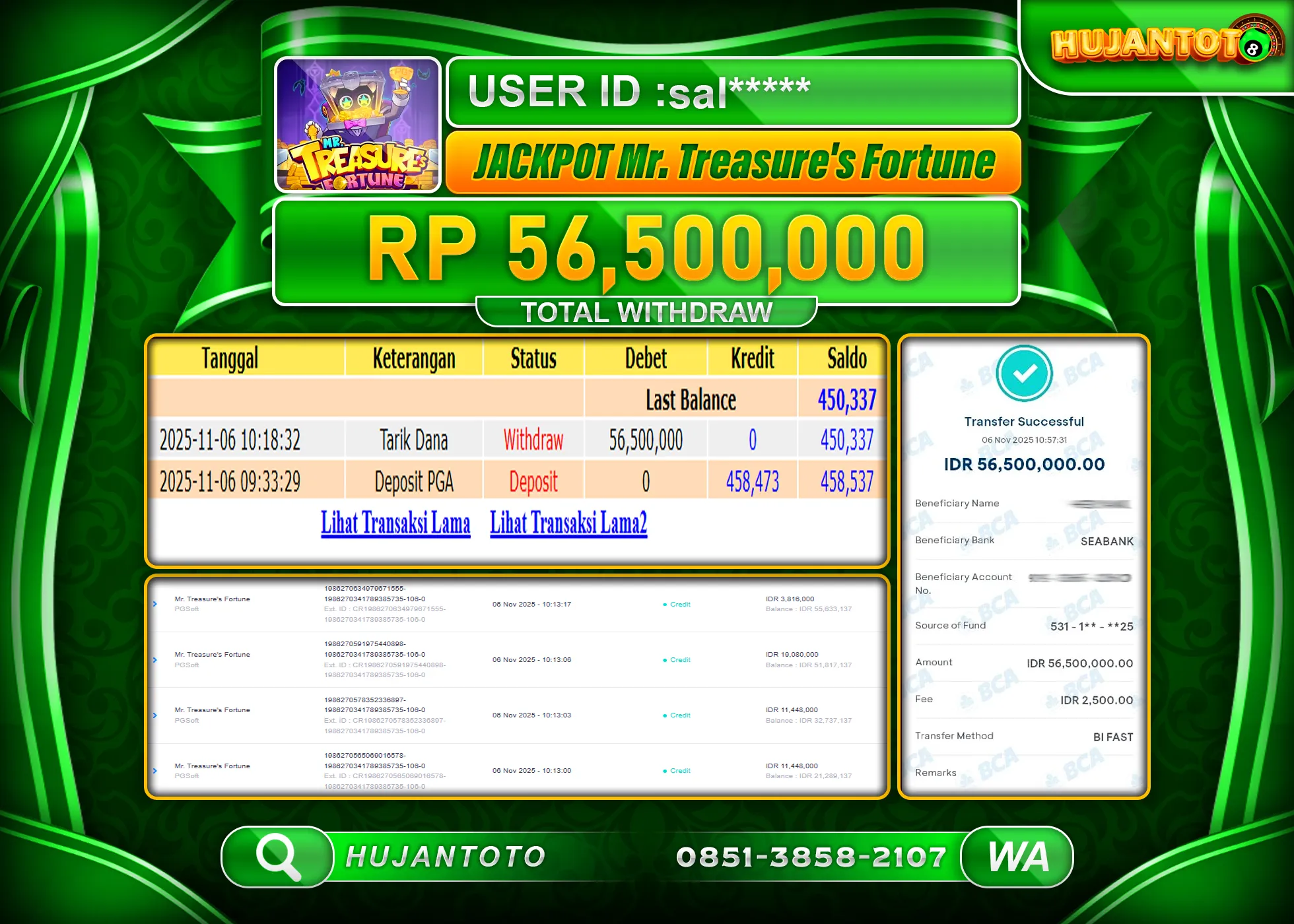 HUJANTOTO - BUKTI JACKPOT MENANG SLOT MRTREASURE S FORTUNE Rp.56,500,000 - TERBAYAR LUNAS