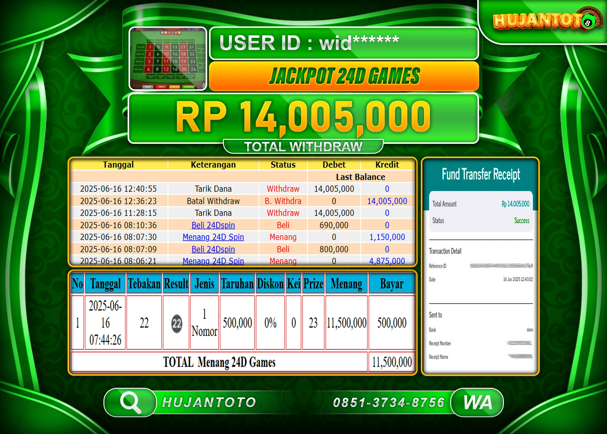 HUJANTOTO - BUKTI JACKPOT MENANG LIVEGAMES 24D GAMES Rp.14,005,000 - TERBAYAR LUNAS