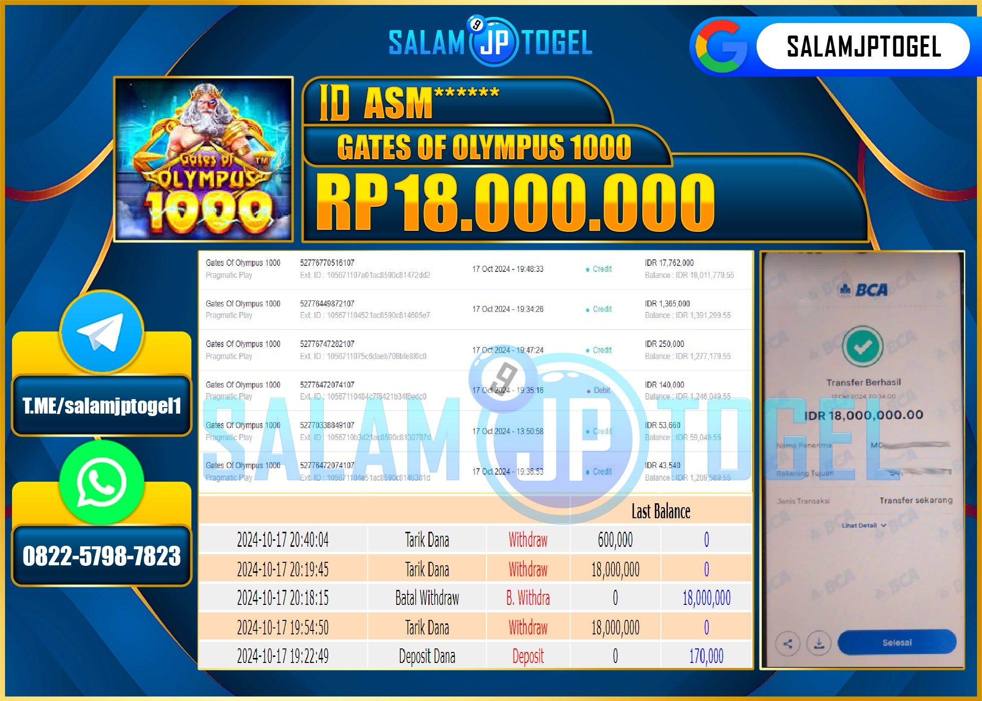 SALAMJPTOGEL MENANG SLOT GATES OF OLYMPUS 1000 RP. 18,000,000 LUNAS