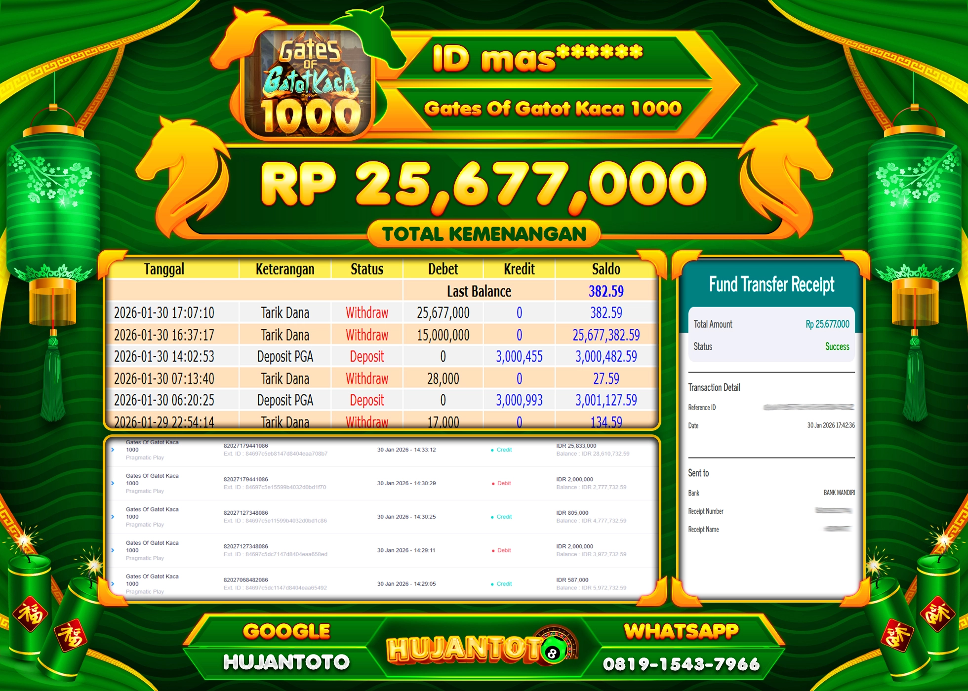HUJANTOTO - BUKTI JACKPOT MENANG SLOT GATES OF GATOT KACA 1000 Rp.25,677,000 - TERBAYAR LUNAS