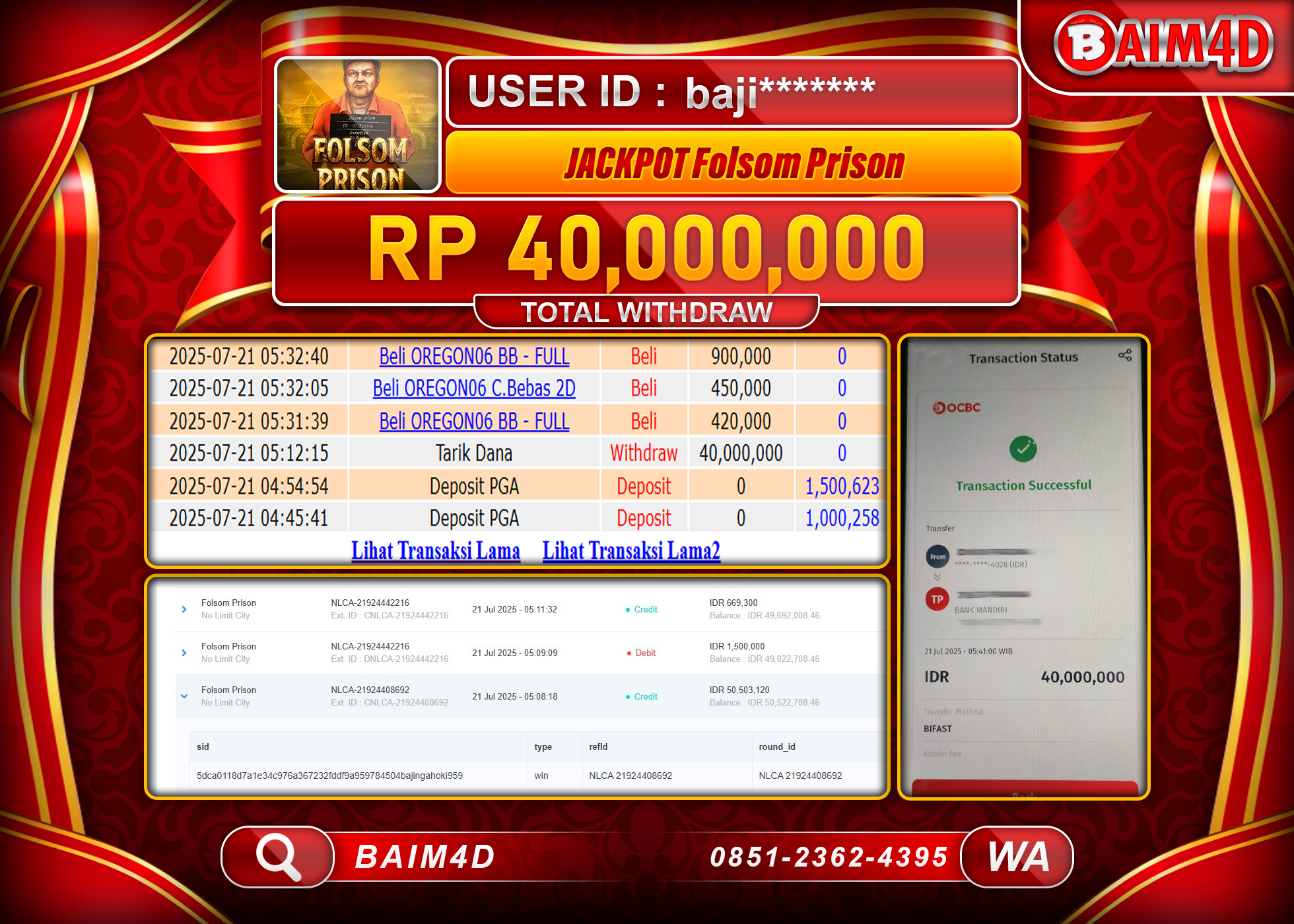 BAIM4D JACKPOT FOLSOM PRISON - NO LIMIT CITY Rp. 40,000,000.- LUNAS