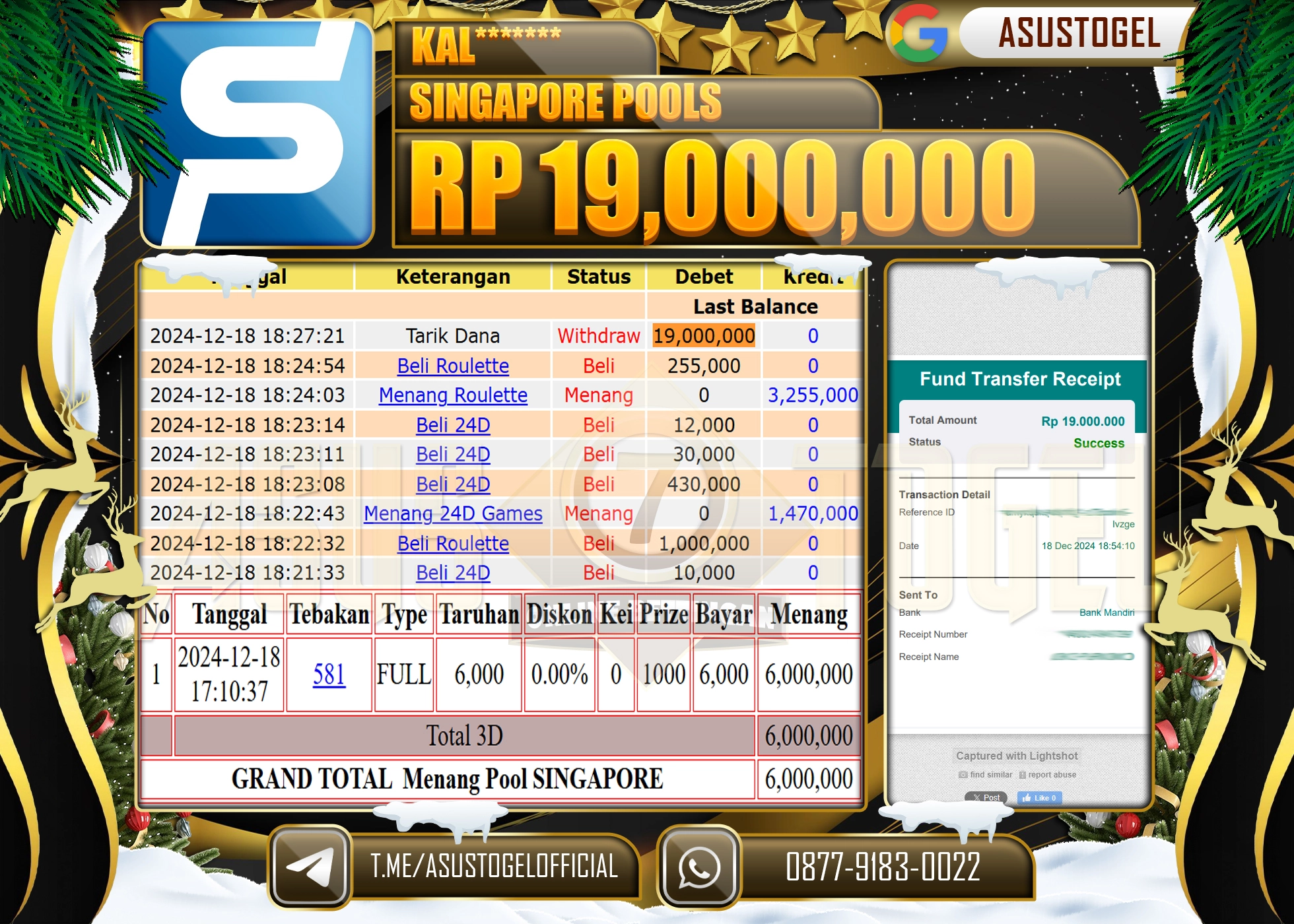 ASUSTOGEL KEMENANGAN DI  PASARAN TOGEL SINGAPORE POOLS 19,000,000     - RUPIAH LUNAS