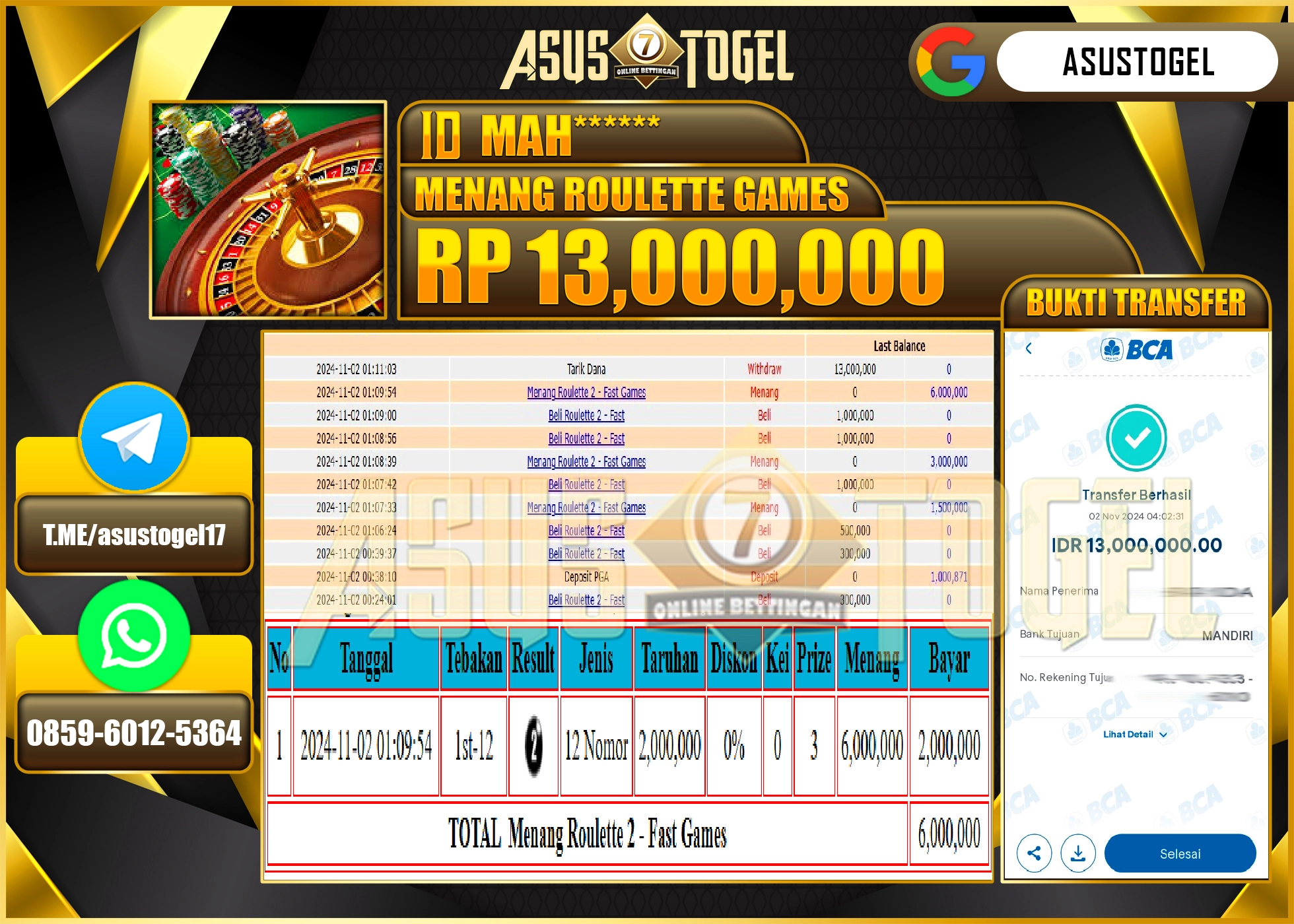 ASUSTOGEL KEMENANGAN DI LIVE ROULETTE GAMES SEBESAR 13,000,000 -RUPIAH LUNAS